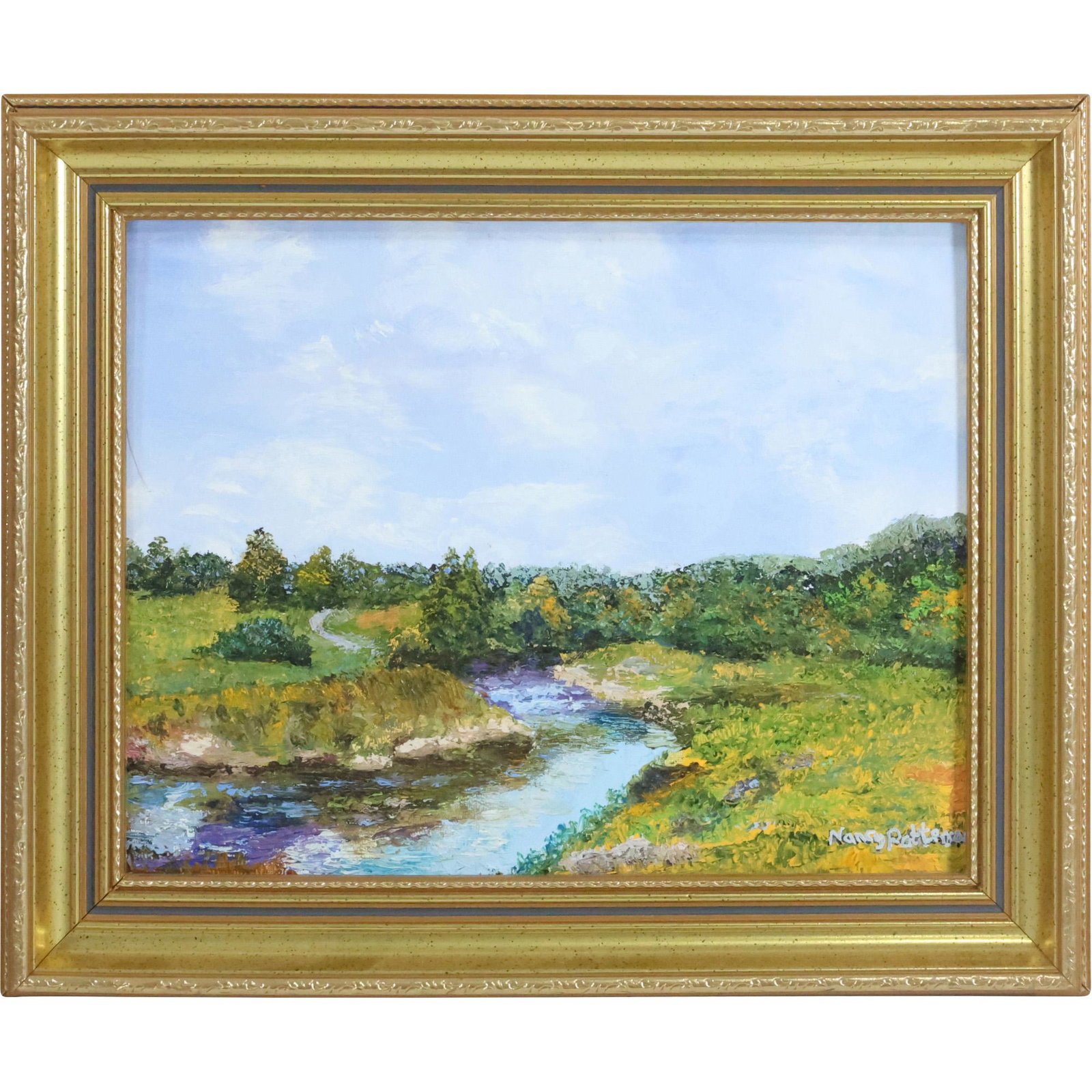 Nancy Patterson, Oil Painting on Board, Summer Landscape with Stream: Nancy Patterson, Oil Painting on Board, Summer Landscape with Stream. size: 11 x 14, 14.75 x 17.75 outside frame