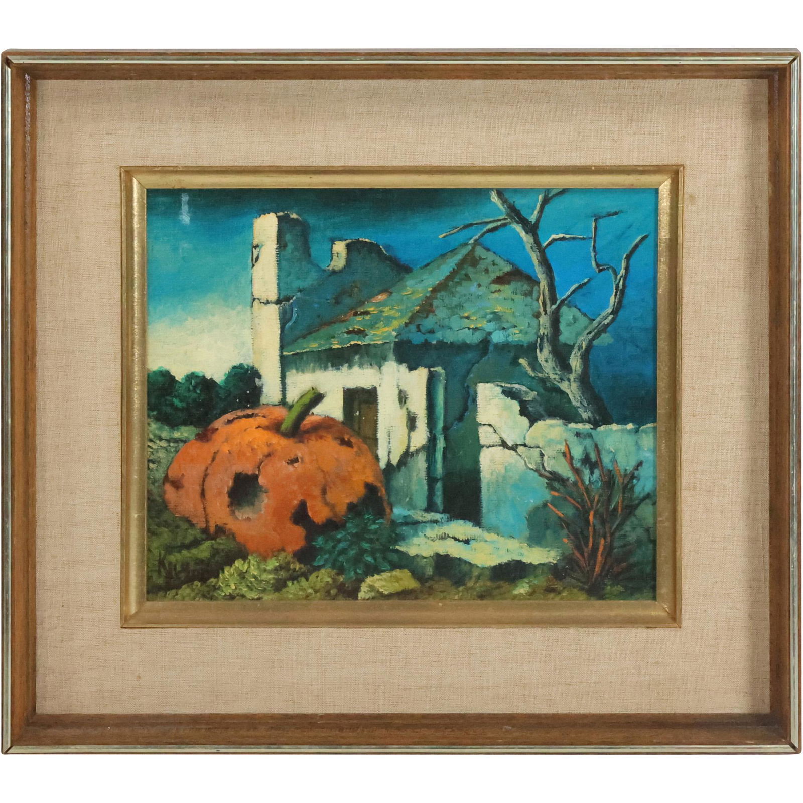 Killian, Fine 20th C. Surrealism Nocturnal Oil Painting Building and Large Pumpkin (1 of 11)