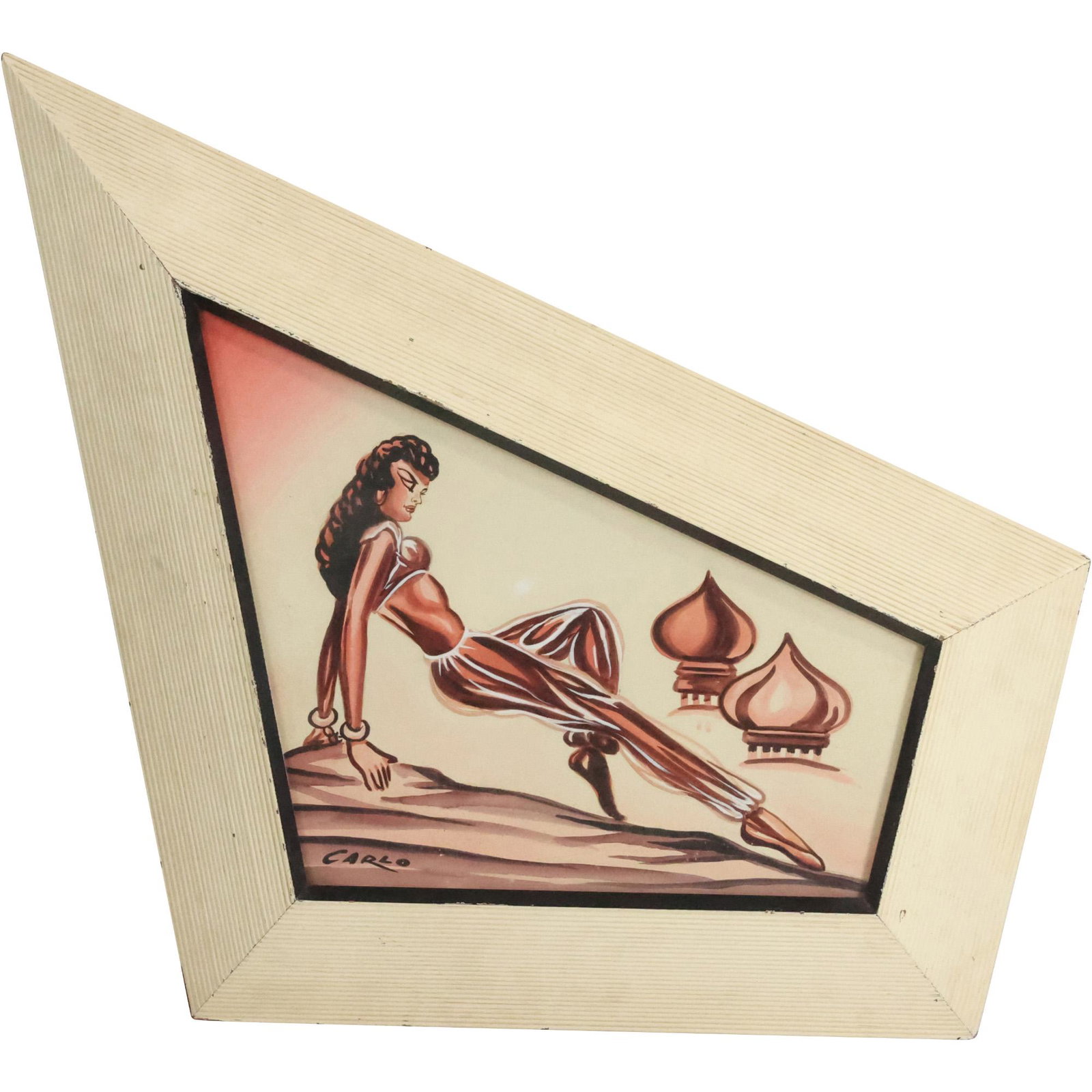 Signed Carlo, Mid-Century Modern Reclining Woman in Unique Shaped Frame: Signed Carlo, Mid-Century Modern Reclining Woman in Unique Shaped Frame. size: 16 x 21.5, 26 x 31.75