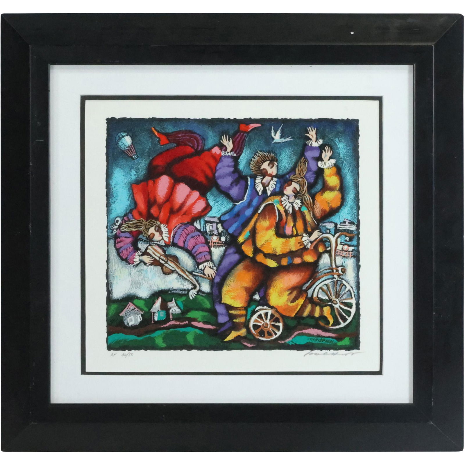 Michael Kachan, Armenian b. 1964; Serigraph Three Figures with Bicycle, Framed (1 of 15)