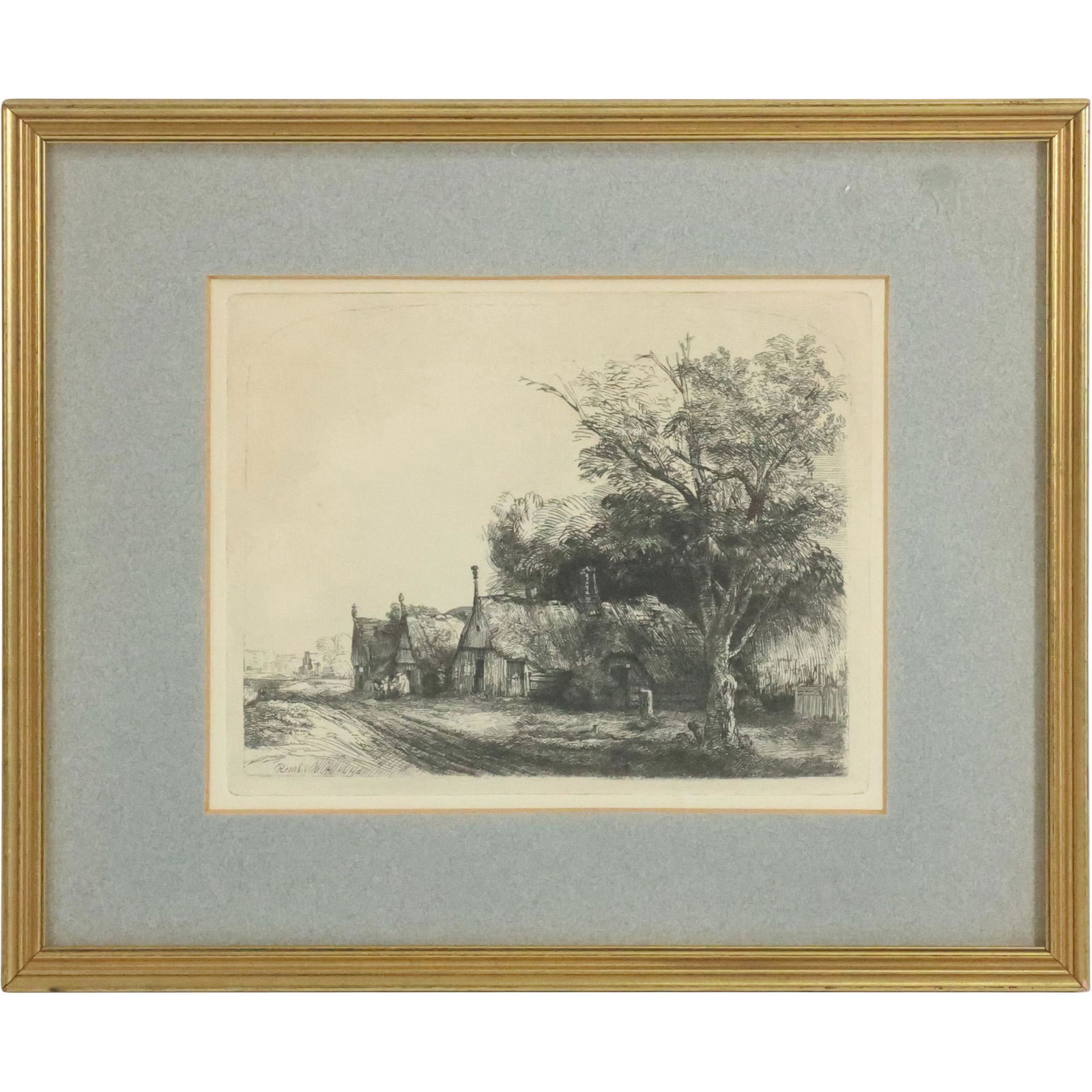 Rembrandt Etching Three Thatch Roof Homes in Landscape, Framed, Signed in Plate (1 of 9)
