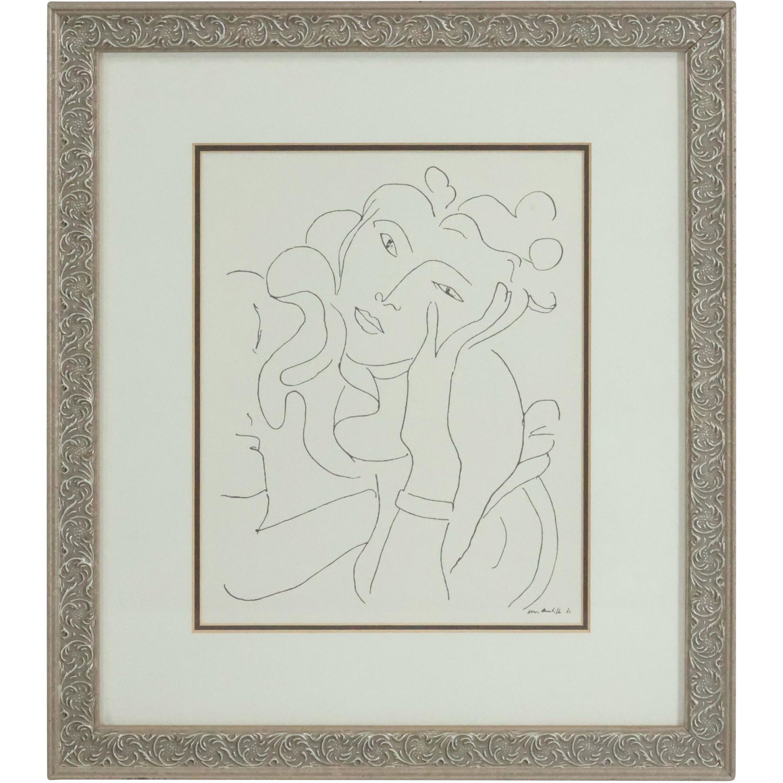 Henri Matisse, Lithograph Line Portrait of a Woman, Signed in Plate, Framed: Henri Matisse, Lithograph Line Portrait of a Woman, Signed in Plate, Framed. size: 9.5 x 7.5 matte, 15.5 x 13.5 outside frame