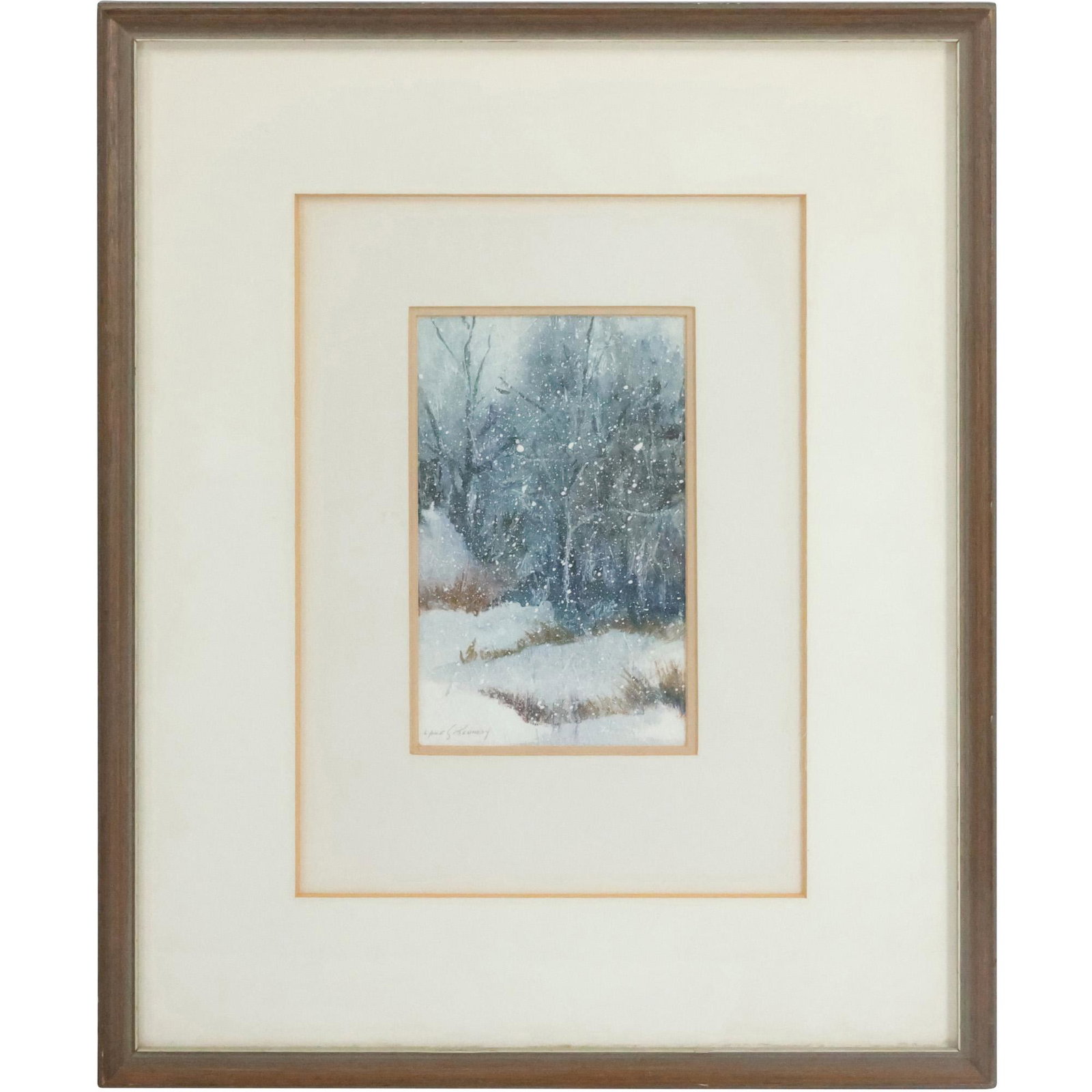 Lynne S Kennedy, Oil Painting Fresh Snow Winter Landscape, Signed, Framed: Lynne S Kennedy, Oil Painting Fresh Snow Winter Landscape, Signed, Framed. size: 8.75 x 5.5 matte, 21.25 x 17.25 outside frame