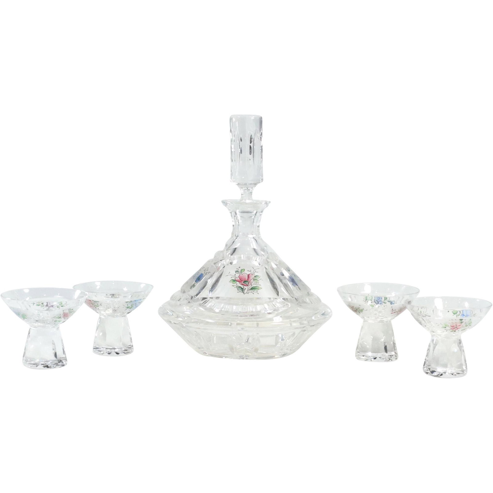 Elegant Crystal Glass Liquor Decanter with 4 Cordials Decorated with Flowers: Elegant Crystal Glass Liquor Decanter with 4 Cordials Decorated with Flowers. size: decanter (8.25 x 5.5), 4x glasses (2.5 x 2.75)(1x w/ chip in rim)