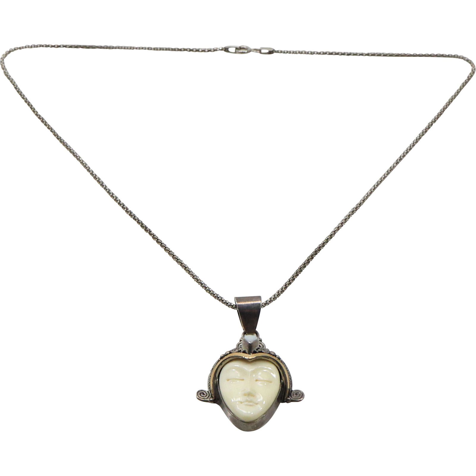 .925 Sterling Silver Art Nouveau Bone Face Pendant with Opal Crown [.925 & 14K] Necklace: .925 Sterling Silver Art Nouveau Bone Face Pendant with Opal Crown [.925 & 14K] 2 in. x 1 1/8 in. Necklace .925 18 in. chain