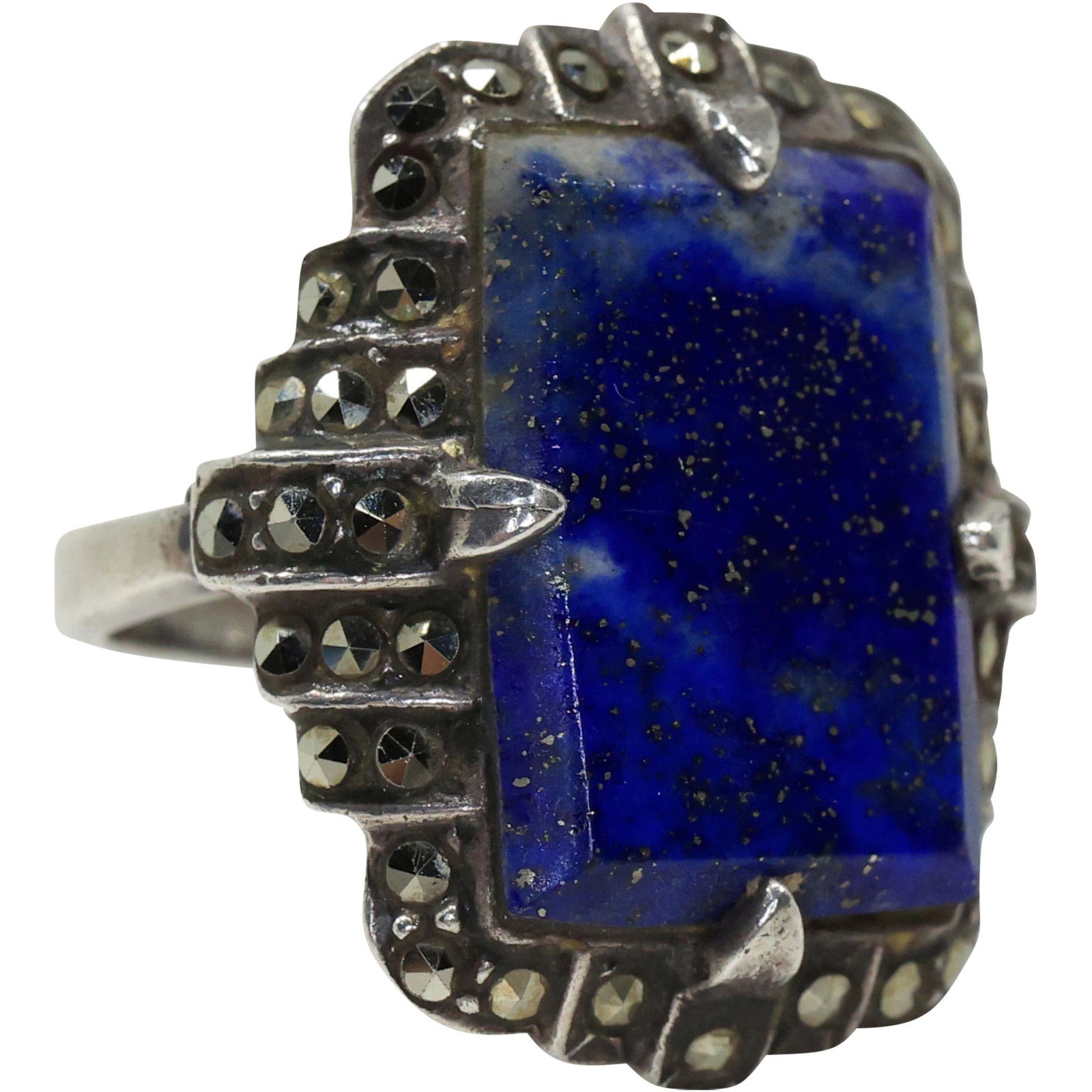 Sterling Silver Lapis and Marcasite Ring Size 7.5 ; 1 in. x 1 in. (1 of 8)