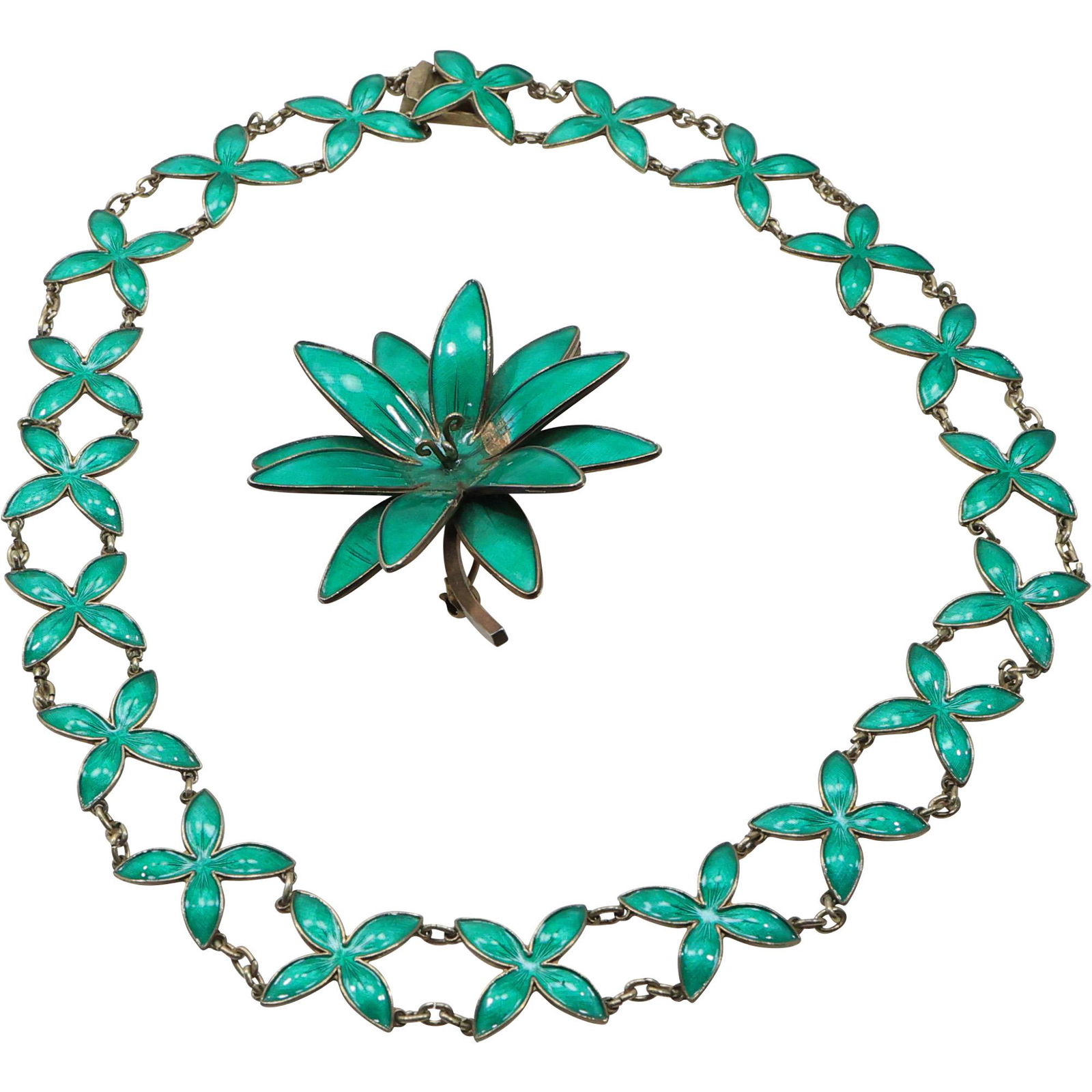 2 Pc. .925 Sterling Norway Green Enamel Flower Necklace & Pin, David Anderson? (1 of 15)