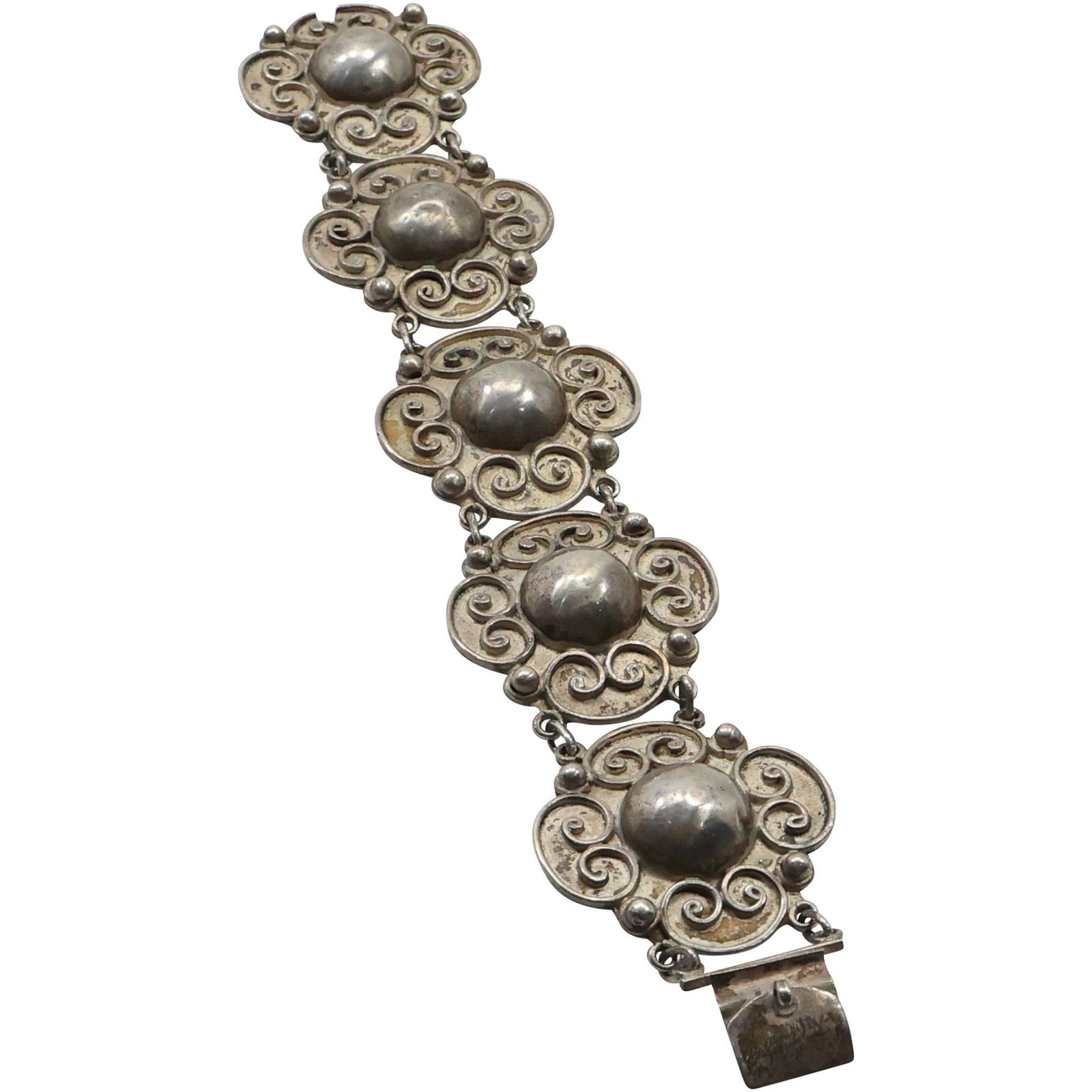 marked 900 Silver 5-Panel Victorian Wide Linked Rosettes Bracelet: marked 900 Silver 5-Panel Victorian Wide Linked Rosettes Bracelet 7 1/4 in. x 1 1/2 in.
