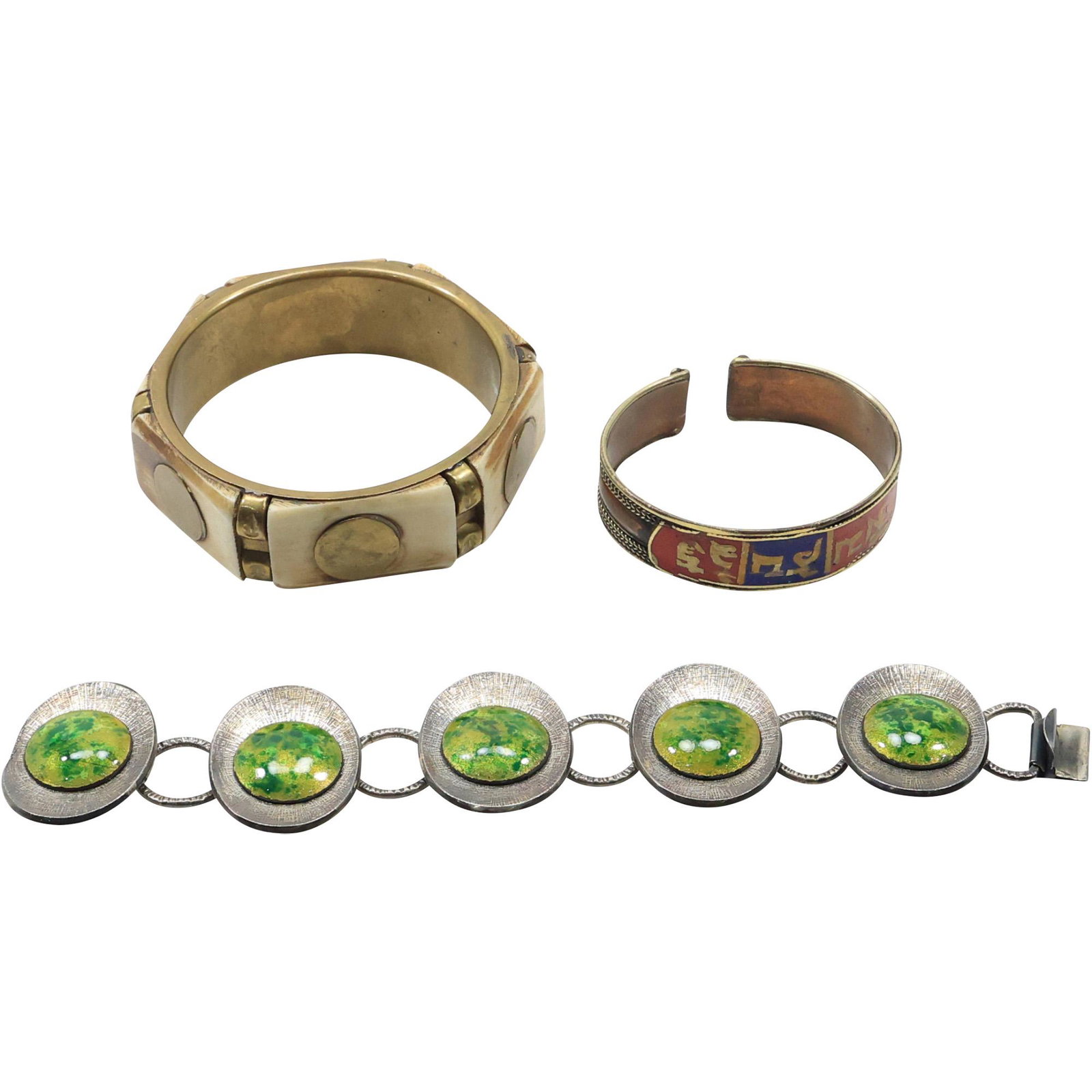 [3] Estate Group Lot Silver Panels Green Foil Stones Bracelet; Brass Bangle; Brass Copper Cuff (1 of 20)
