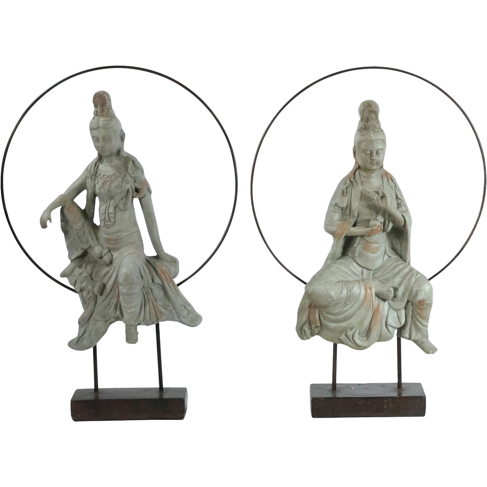 [2] Large Chinese Diety Figures Seated in Metal Wire Circles, Figures Hard Composition (1 of 19)