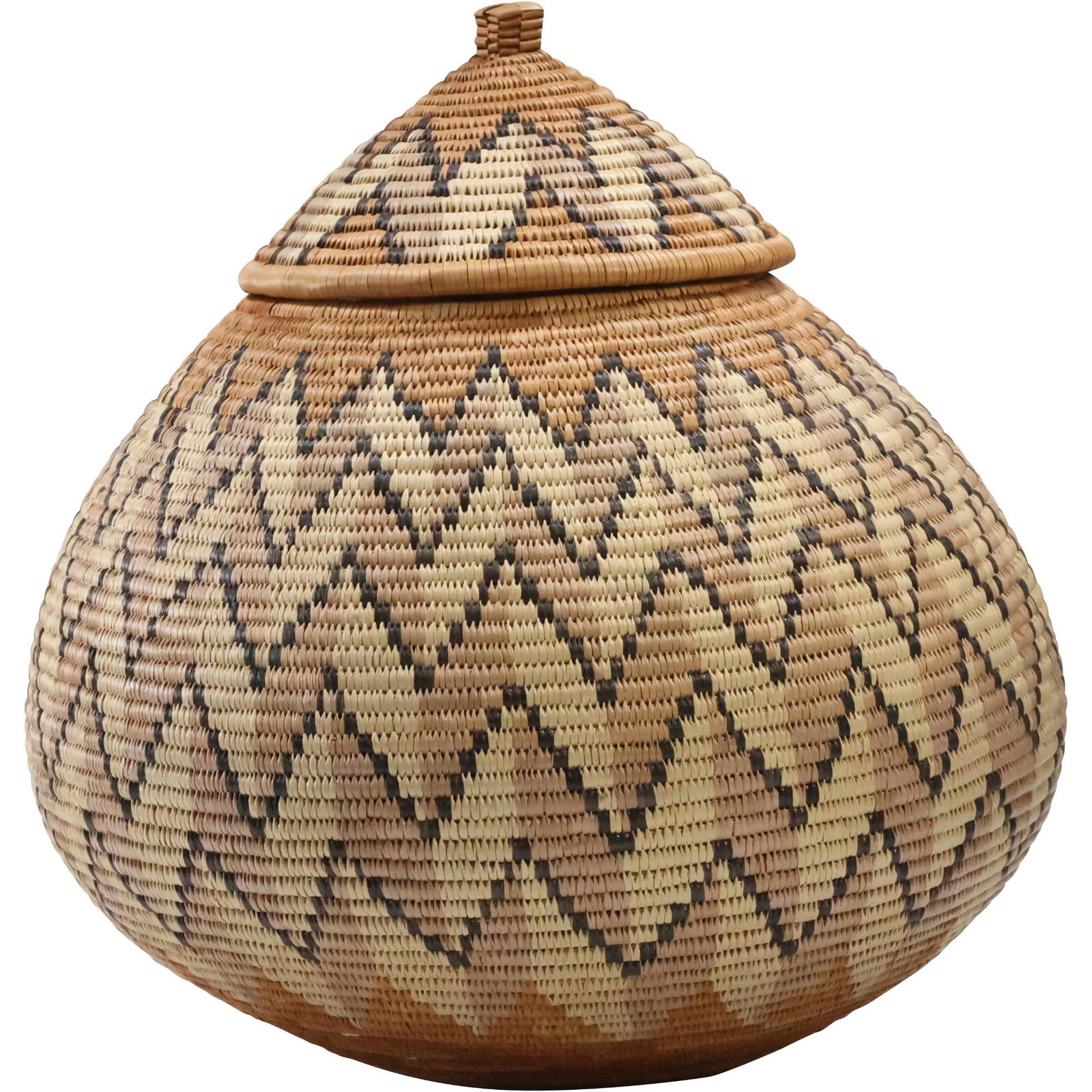 ZUNI Gourd Shaped Reed Basket with Cover Patterned Decoration: ZUNI Gourd Shaped Reed Basket with Cover Patterned Decoration .size: 13.5 x 12