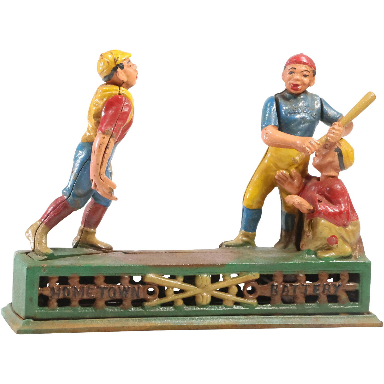 Novelty Cast Iron Baseball Mechanical Coin Bank "Hometown Battery" Original Paint Finish (1 of 15)