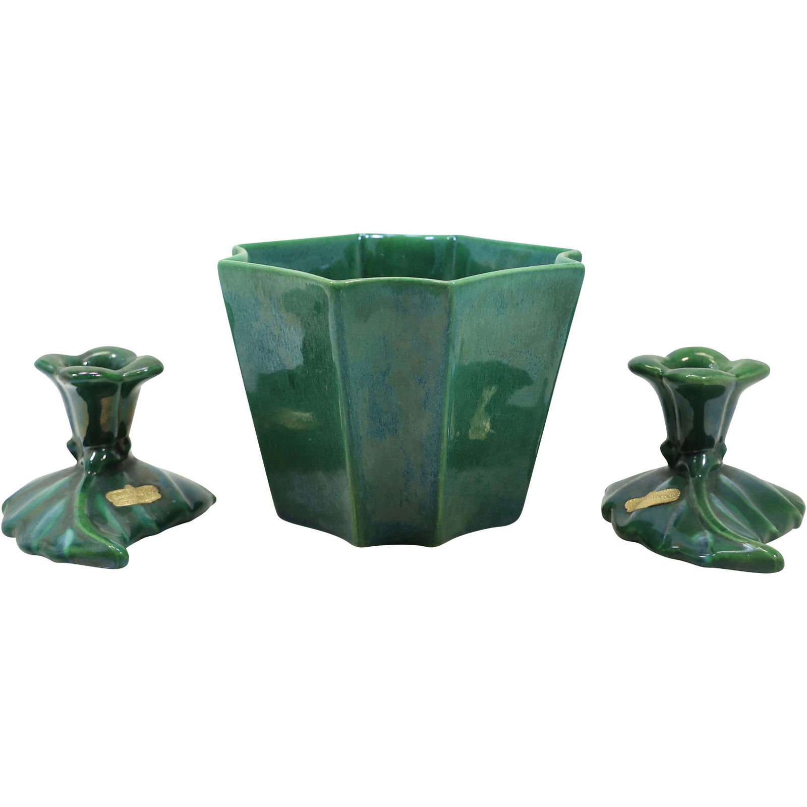 Haeger Green Glaze Ceramic Vase with 2 Green Glaze Ceramic Candleholders (1 of 20)