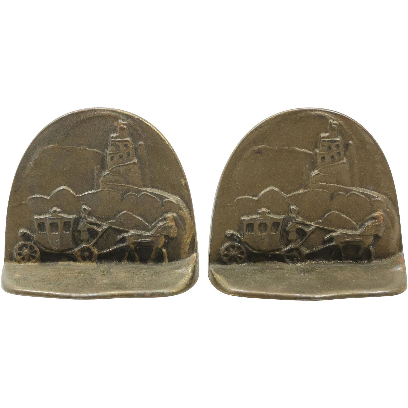 Circa 1920 Cast Iron Bookends English Horse Drawn Carriage, Castle - Original Patina: Circa 1920 Cast Iron Bookends English Horse Drawn Carriage, Castle - Original Patina. size: 3.5h 4w