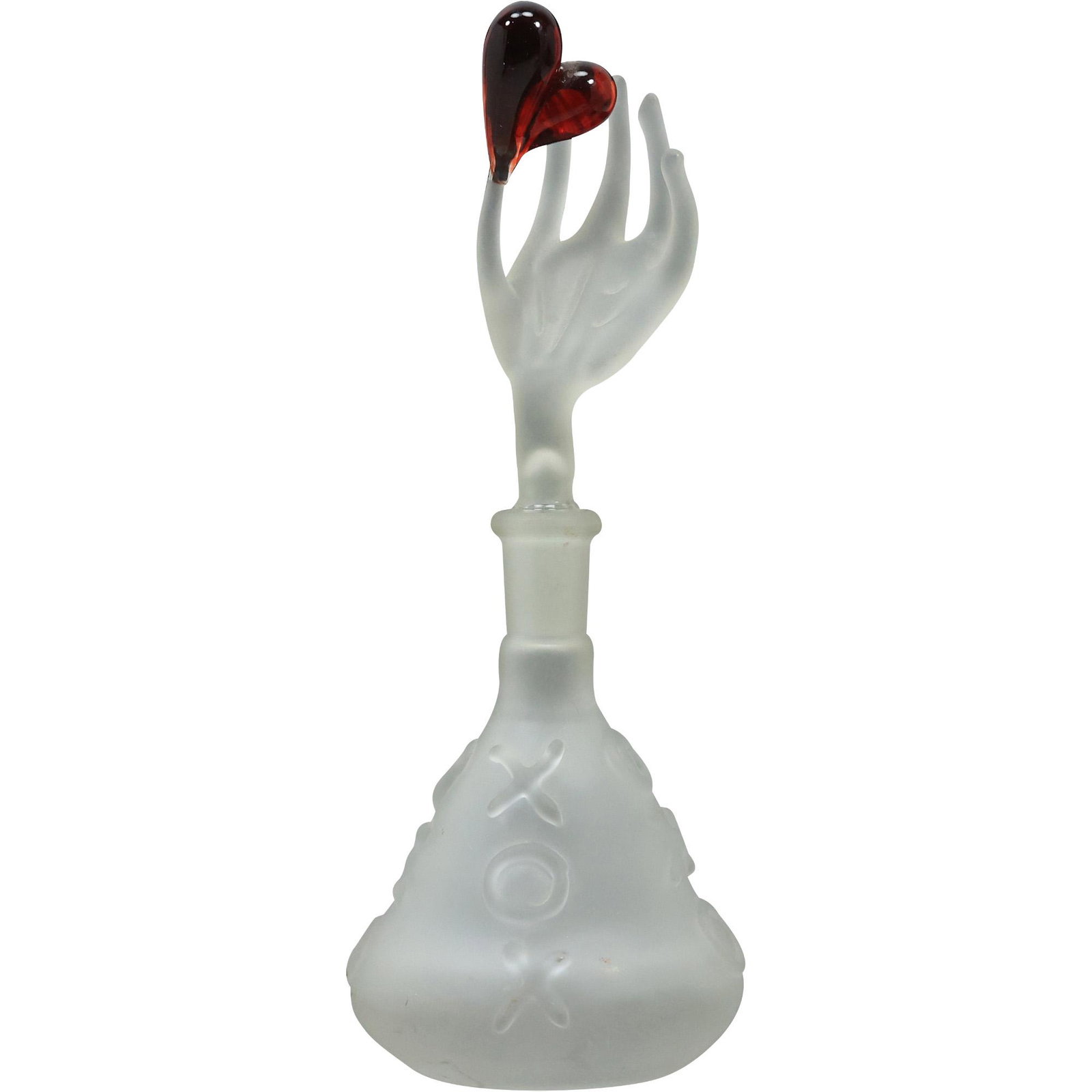 Signed ELLIE BURKE Sculptured glass Perfume Bottle Hand with Heart Stopper: Signed ELLIE BURKE Sculptured glass Perfume Bottle Hand with Heart Stopper. size: 6 1/4 x 2 1/4