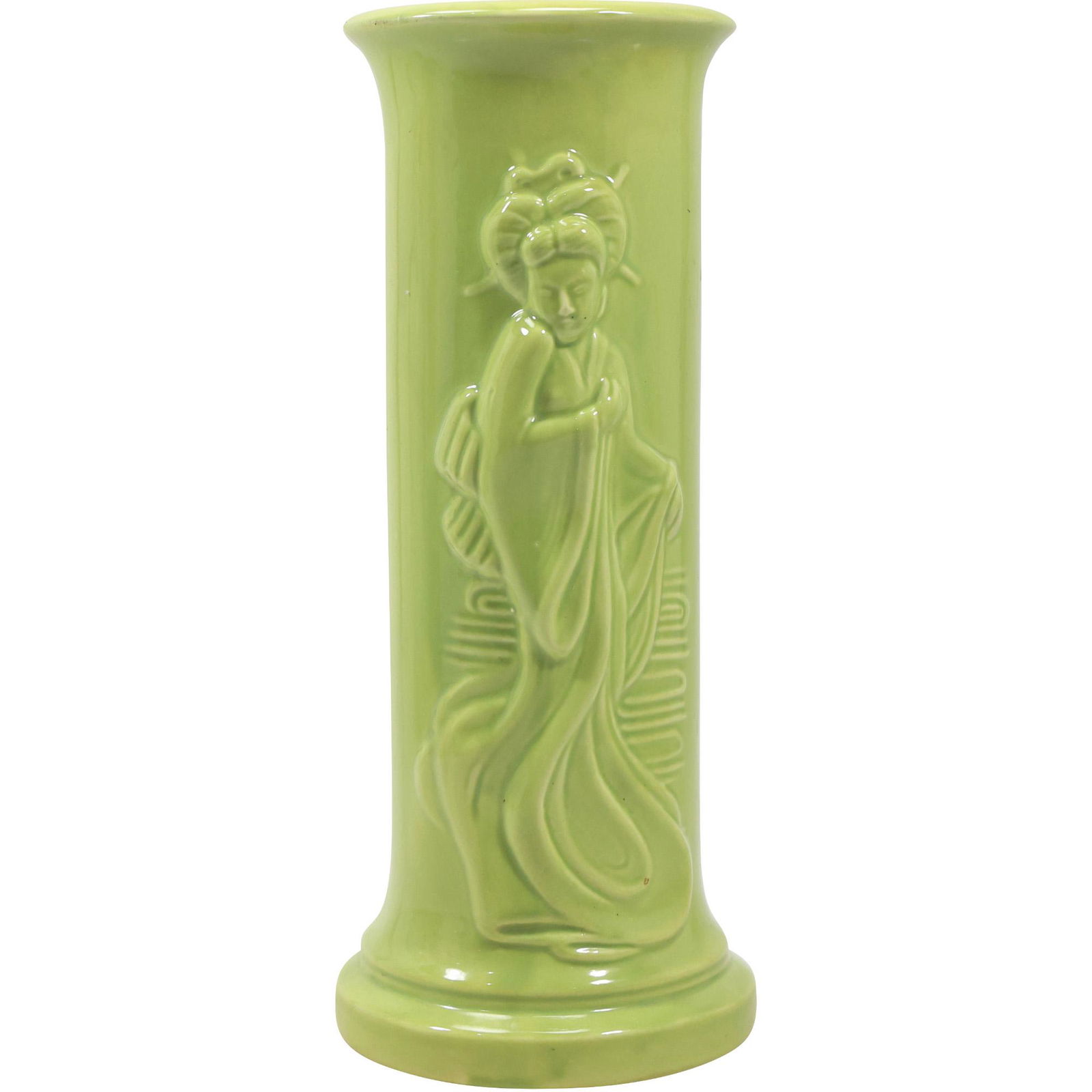 Asian Green Glaze Ceramic Cylindrical Vase with Embossed Geisha Girl (1 of 14)