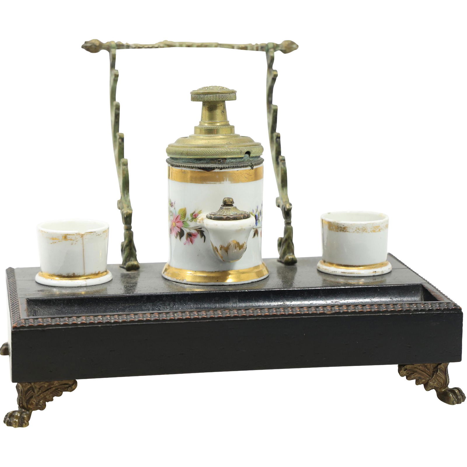 19th C. Continental Desk Top Double Inkwell with Pen Rest and Stamp Box (1 of 11)