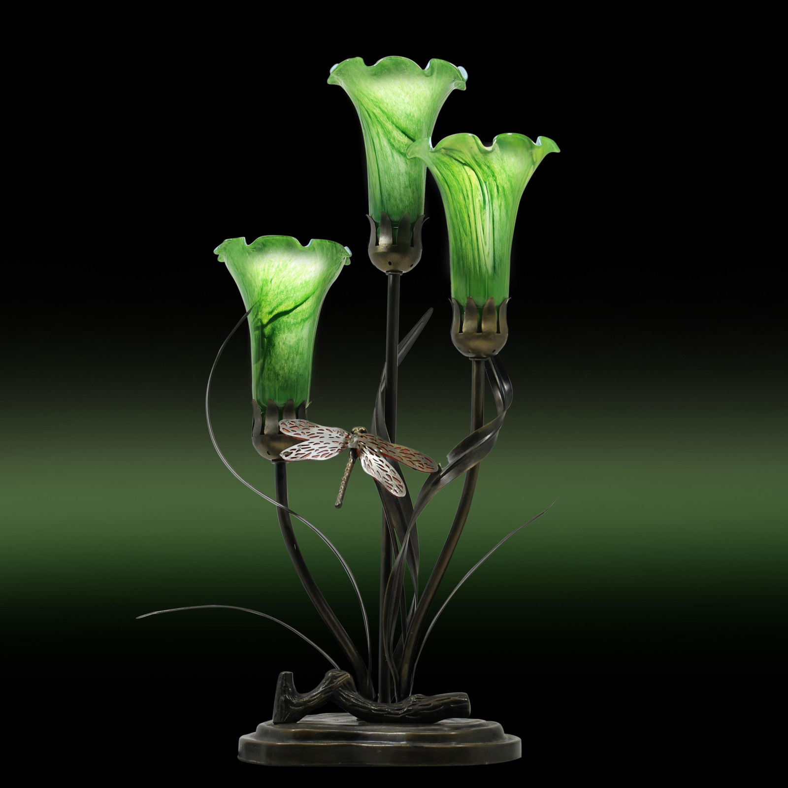 Decorative 3-Light Lily Lamp with Dragonfly, Metal Base, Green Glass Shades (1 of 20)
