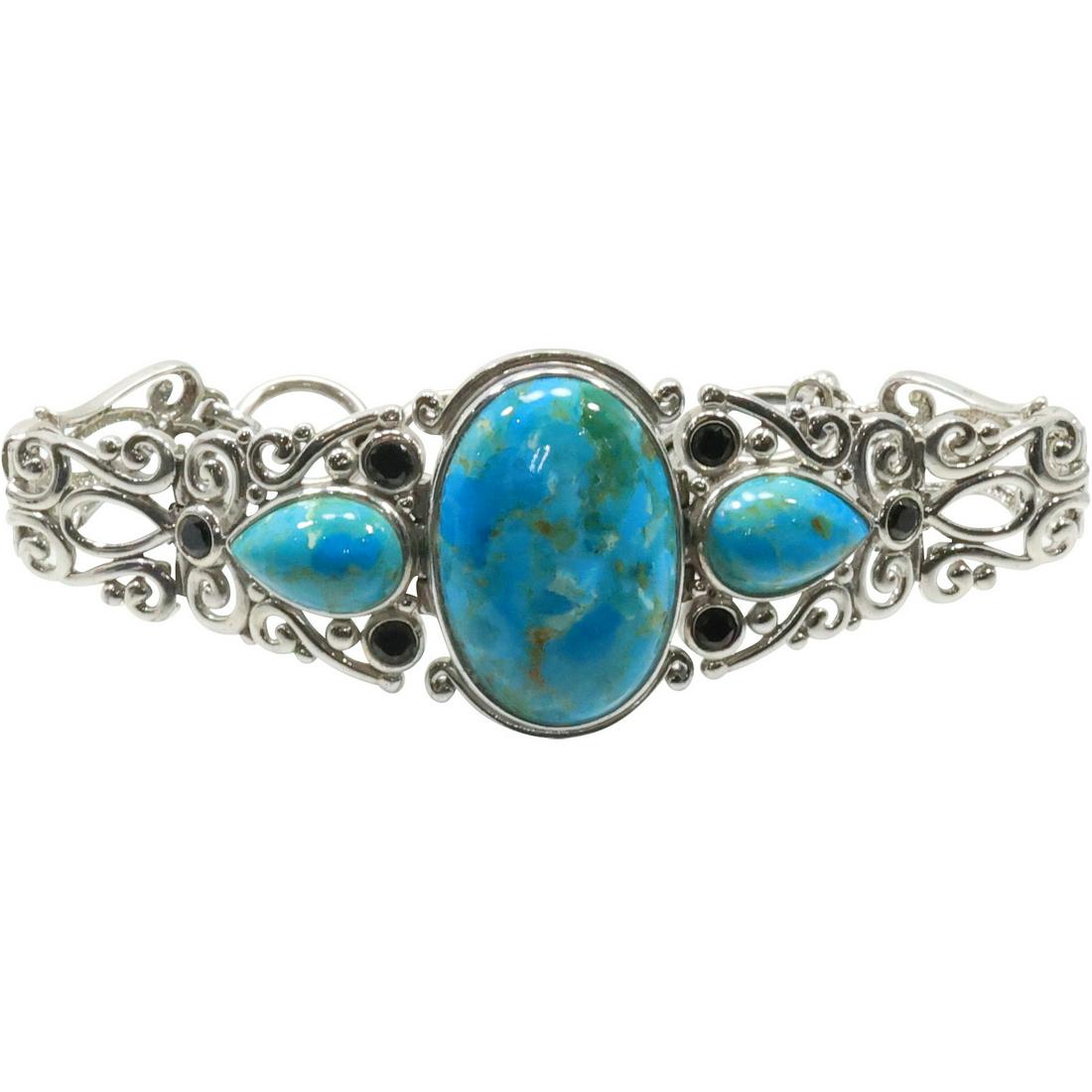 .925 Sterling Silver Turquoise and Sapphire Open Lace Work Hinged Bracelet, Toggle Closure (1 of 12)