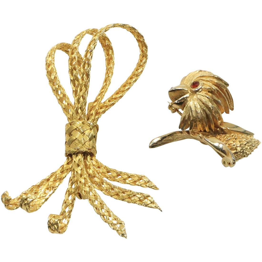 Hattie Carnegie Gold Tone Rooster with Red Eyes Pin; Hattie Carnegie Gold Tone Bow Pin: Hattie Carnegie Gold Tone Rooster with Red Eyes Pin 1 1/4 in. x 1 1/2 in. ; Hattie Carnegie Gold Tone Bow Pin 2 3/4 in. x 1 7/8 in.