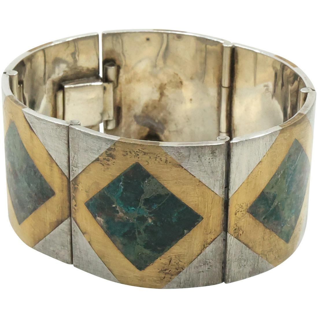 .925 Sterling Silver & Brass, Turquoise Bracelet Taxco Hencho En Mexico (1 of 13)