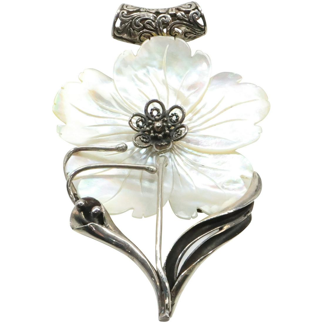 .925 Sterling Silver MOP Large Flower Pin / Pendant 4 in. x 2 3/8 in. (1 of 10)