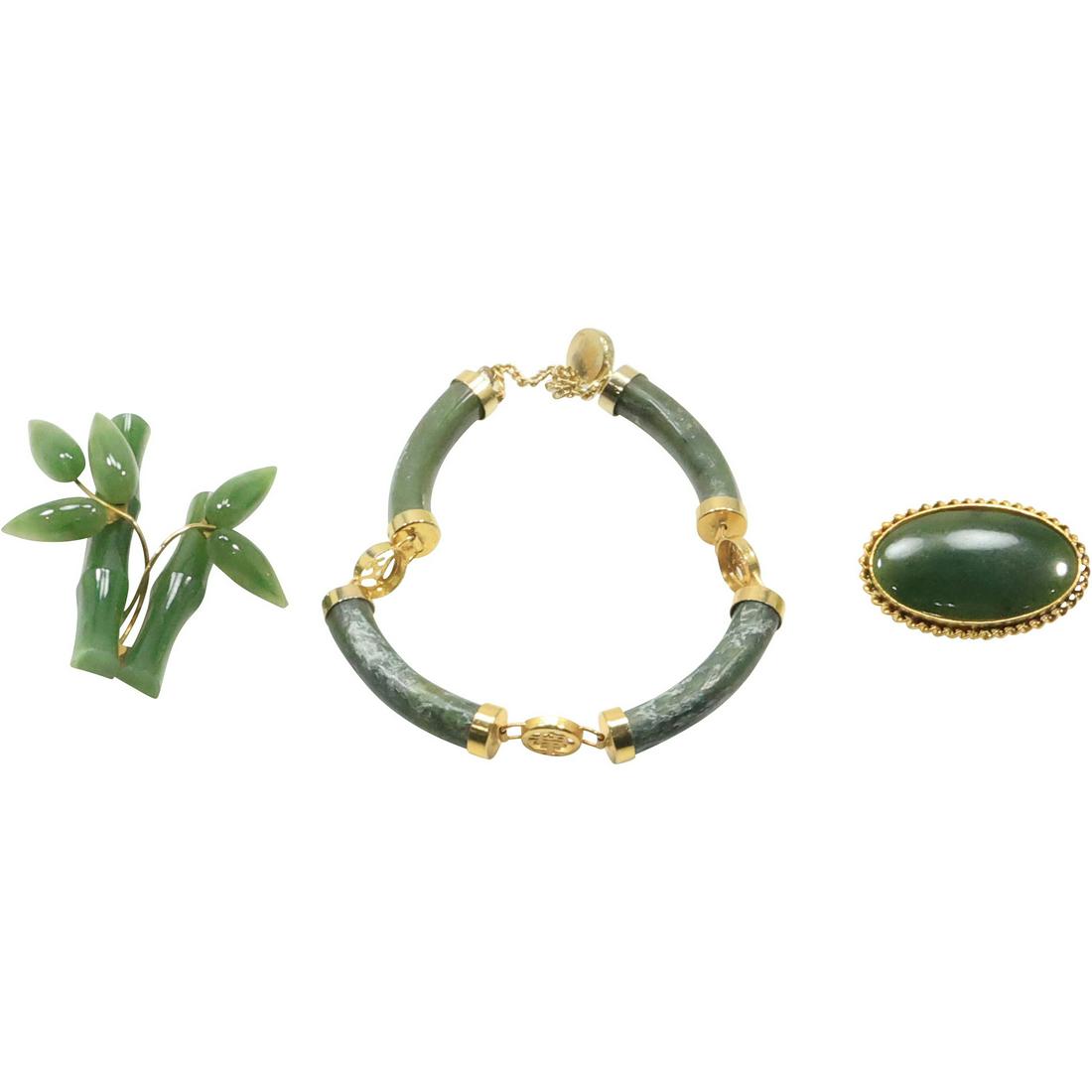 marked MFA Sterling and Jade Pin ; Bamboo Stick Jade Leaves Pin; Jade Bracelet (1 of 15)
