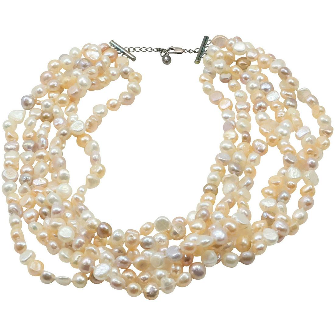 6-Strand Genuine Freshwater Pearls Small Baroque Cultured with Silver Rose Gold Overtones: 6-Strand Genuine Freshwater Pearls Small Baroque Cultured with Silver Rose Gold Overtones. .925 Sterling Silver Clasp. Size: 18 inches x 2 inches