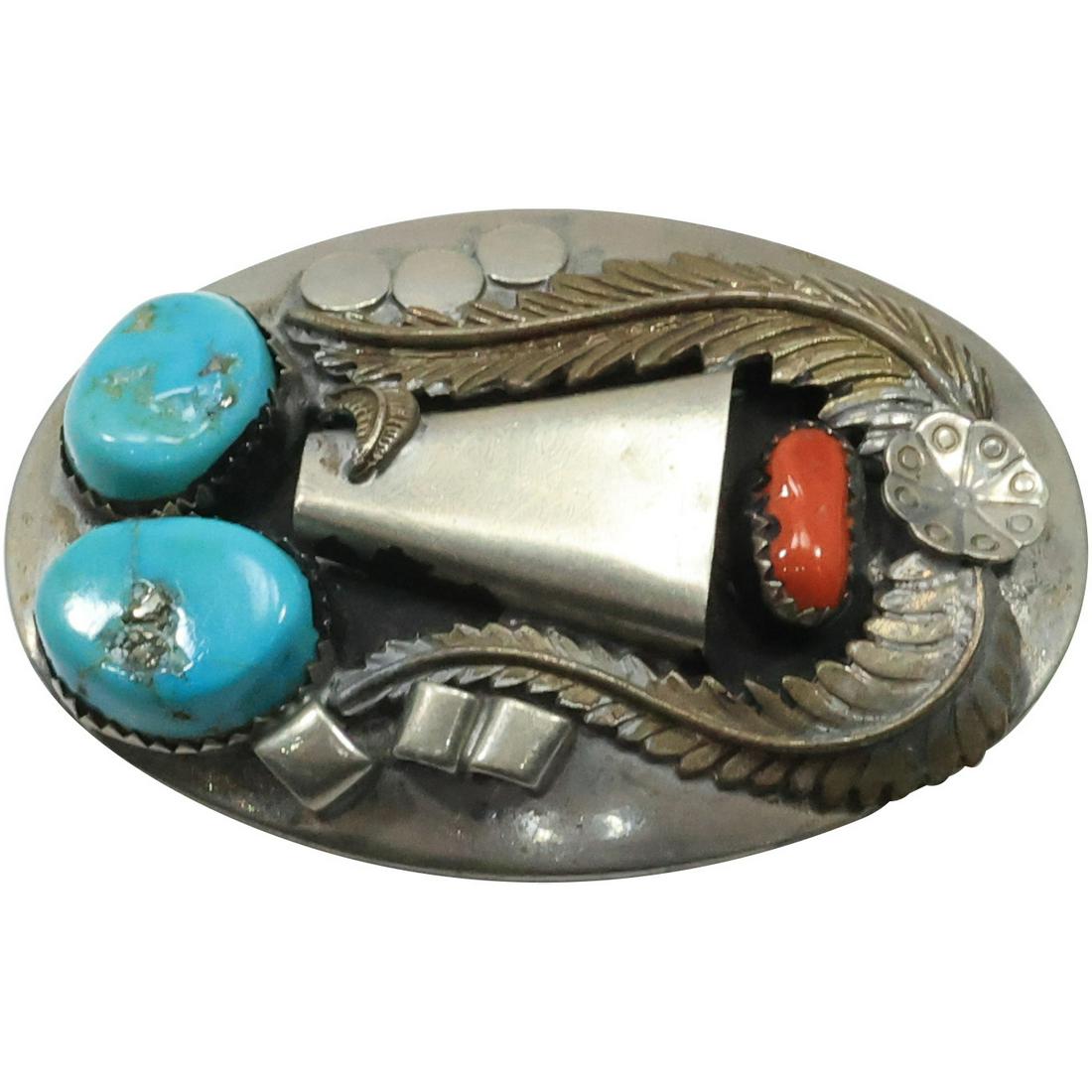 Native American Indian Silver Buckle with Red & Blue Turquoise Stoners, Common Feather (1 of 12)