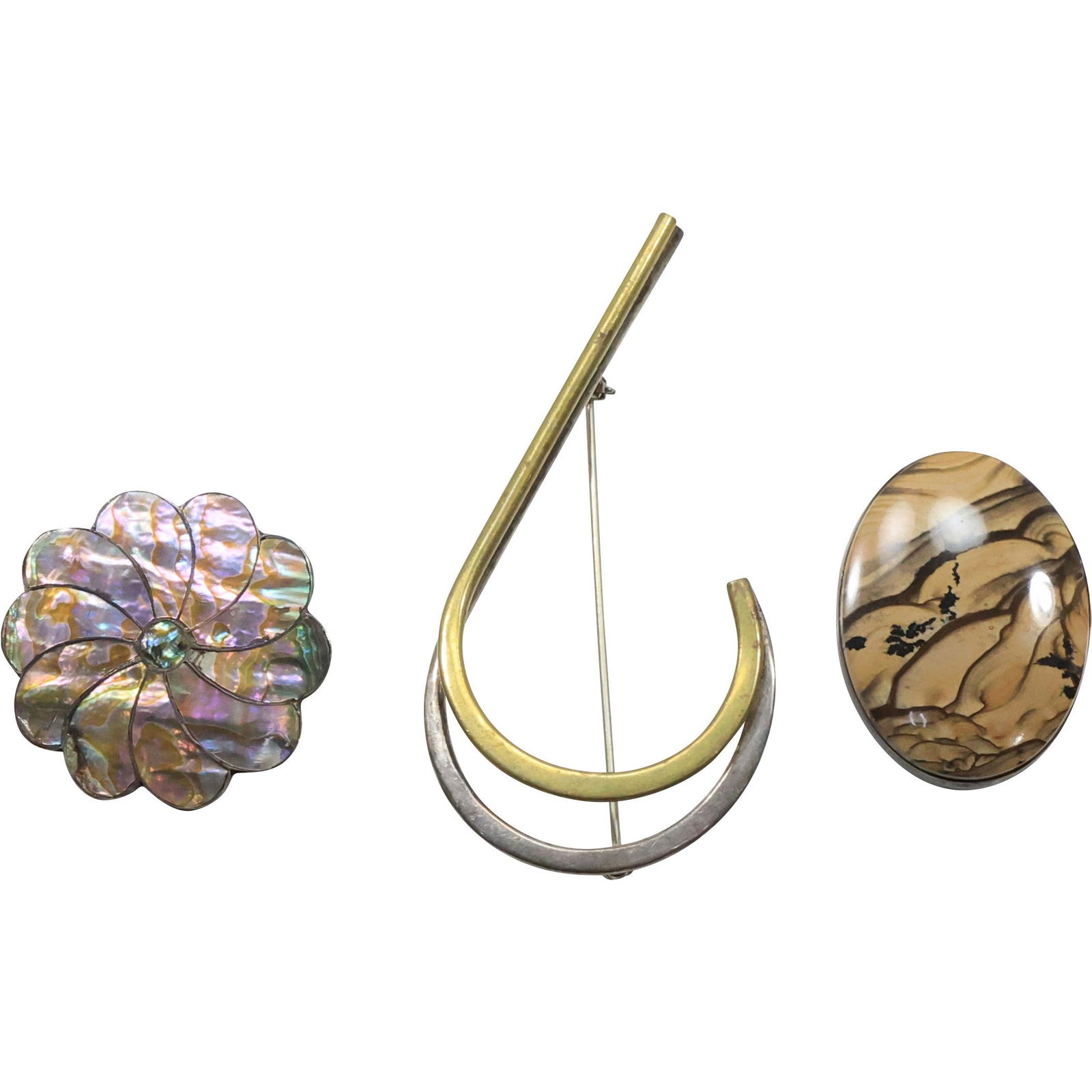 [3] Pins: Mexico .925 Sterling & Brass "Laton" Pin; .925 Agate Pin; Sterling Mexico Abalone Pin (1 of 12)