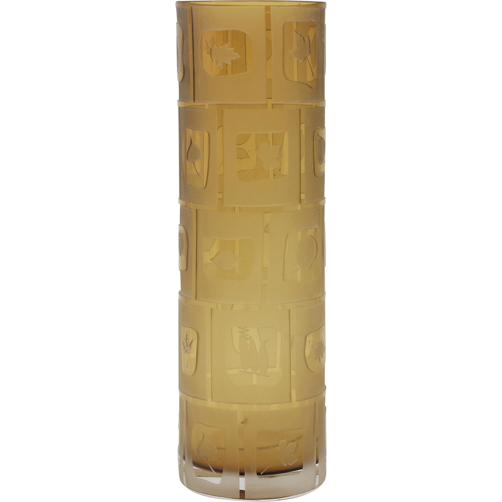 Mid-Century Modern Tall Cylindrical Amber Glass Vase with Embossed Leaves Panels (1 of 17)