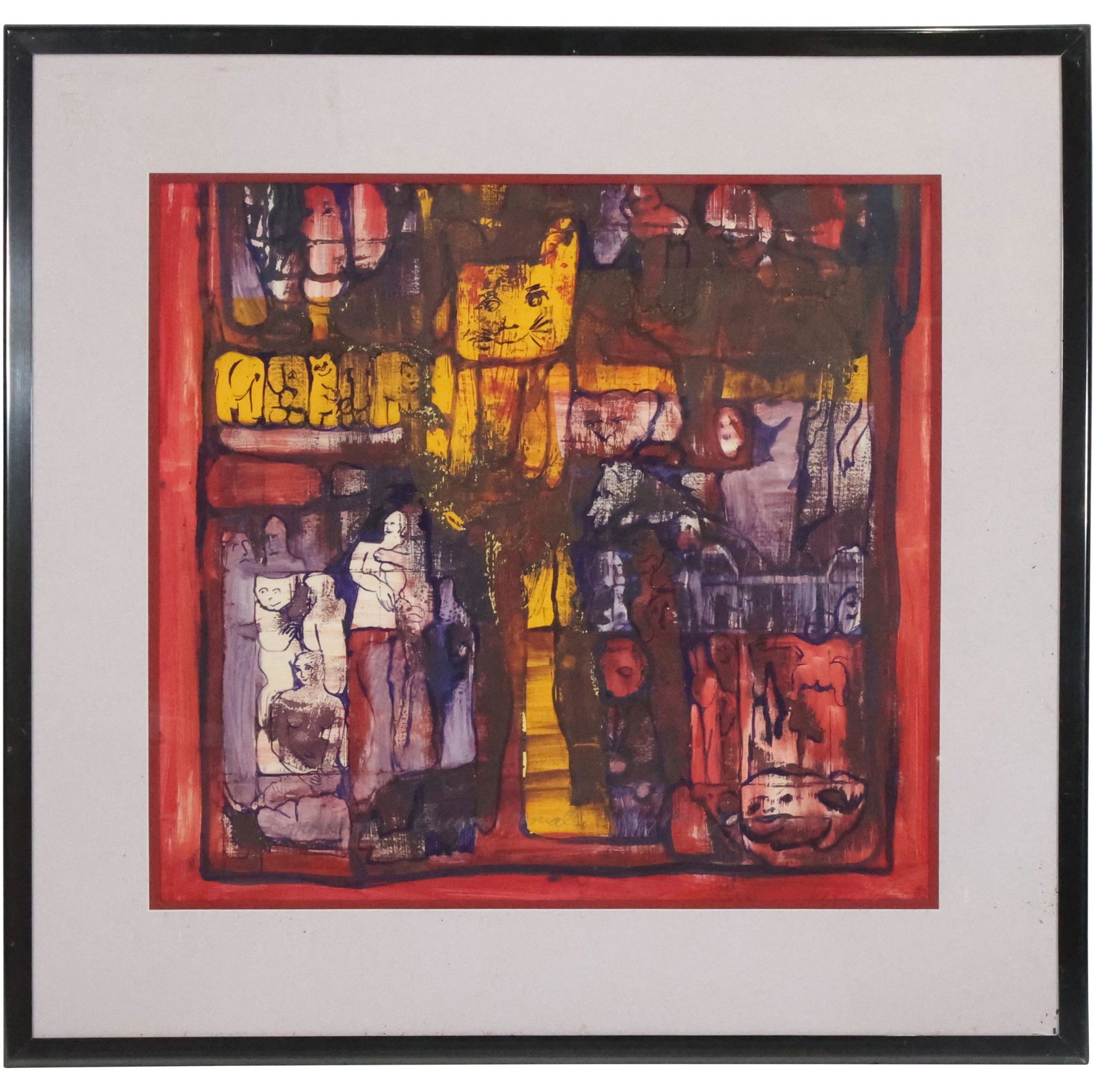 Artist Signed Peale? 20th C. Watercolor Abstract Painting Cats, Animals, Figures, Framed (1 of 15)