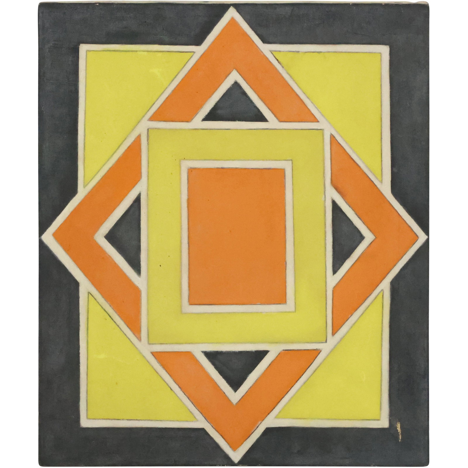 1950s Oil on Canvas Painting Black, Orange, Yellow Abstract Squares, Triangles: 1950s Oil on Canvas Painting Black, Orange, Yellow Abstract Squares, Triangles. size: 24 x 20
