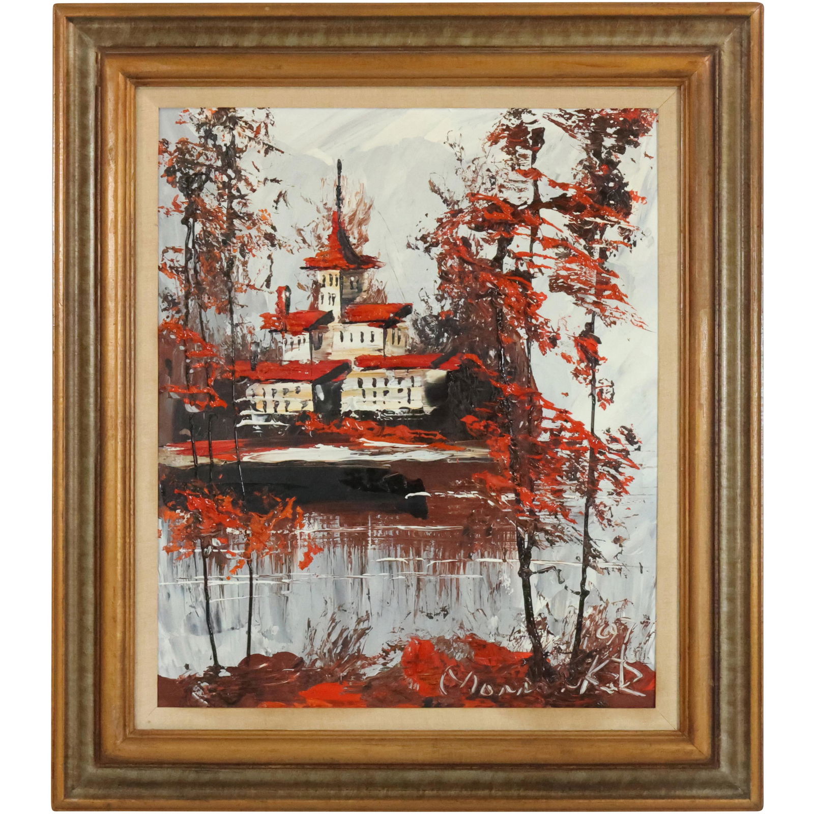 Morris Katz 1970s, Jewish American, Acrylic Painting Pagoda Resort on Lake Cove (1 of 11)