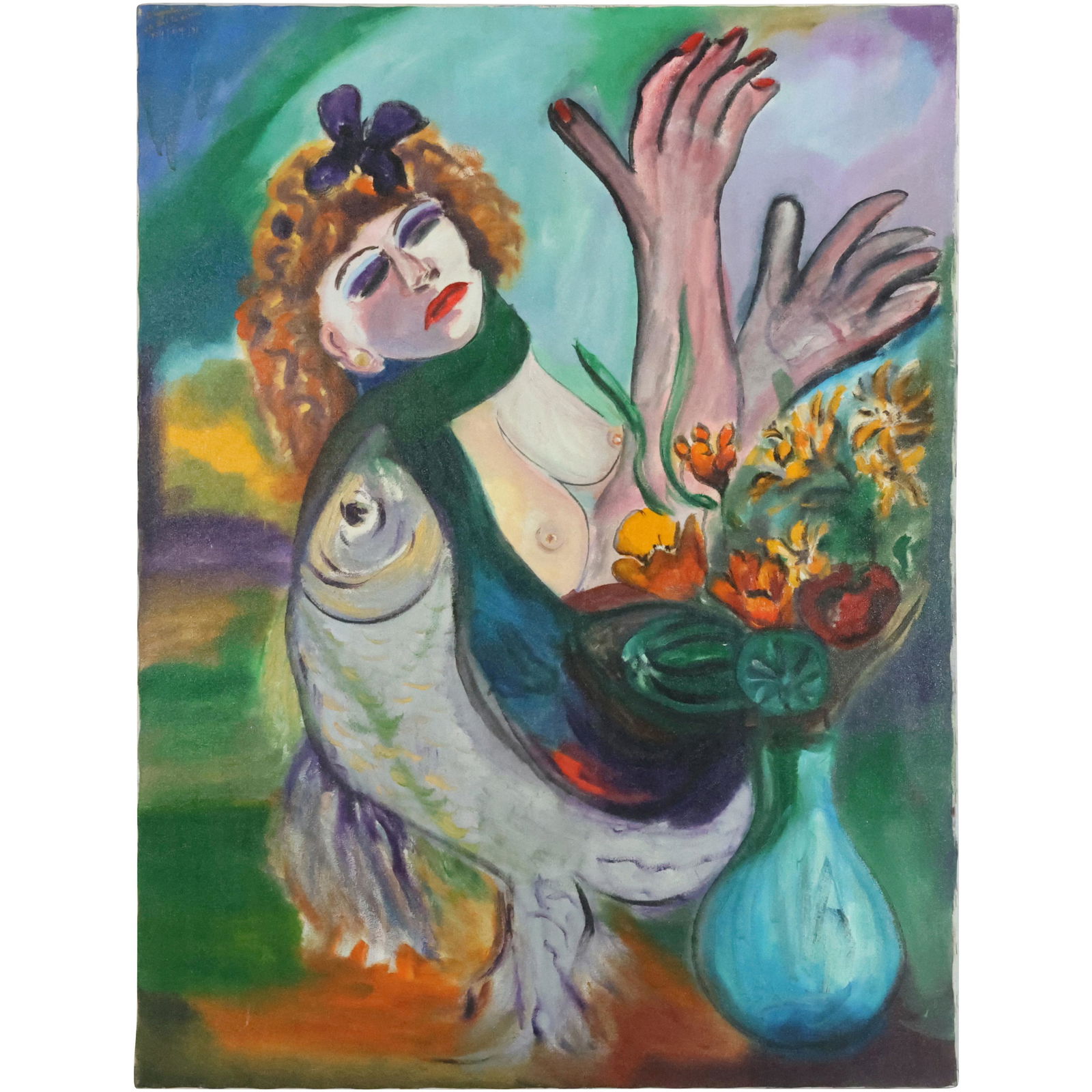 D'Augustini, A Bailarina, New York, Oil Painting Abstract Woman, Fish, Fruit; Signed (1 of 16)