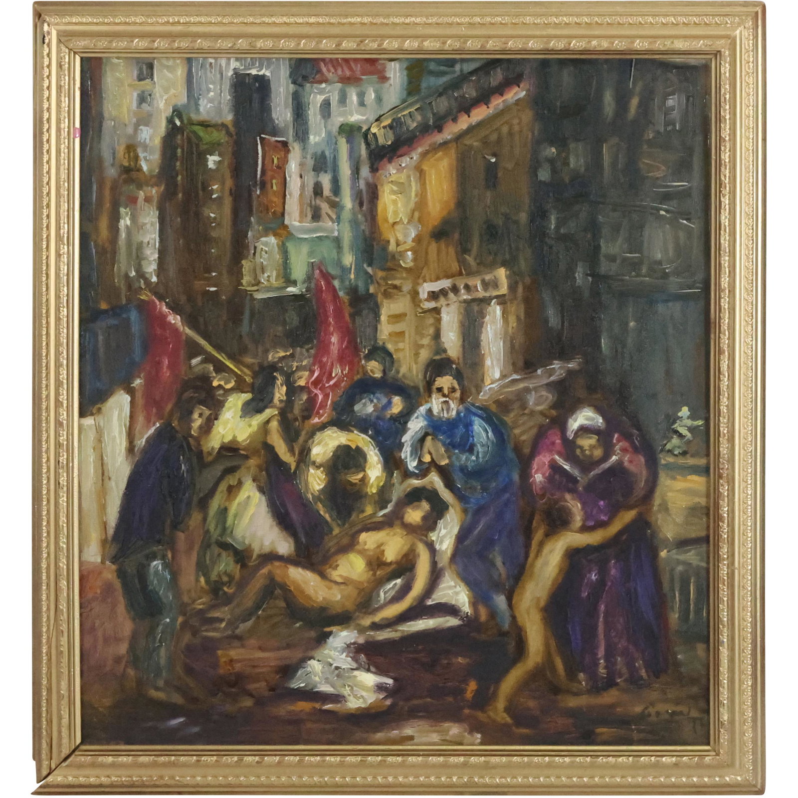 Vintage Baroque Oil on Canvas Painting Religious Street Death Many Figures: Vintage Baroque Oil on Canvas Painting Religious Street Death Many Figures. size: 22 x 20, 25 x 23 outside frame