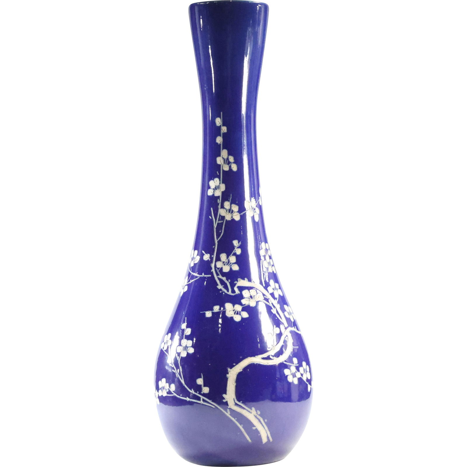 Chinese Porcelain Blue Tall Vase with White Dogwood Branches Writing on Sides 21.5 inches height (1 of 11)