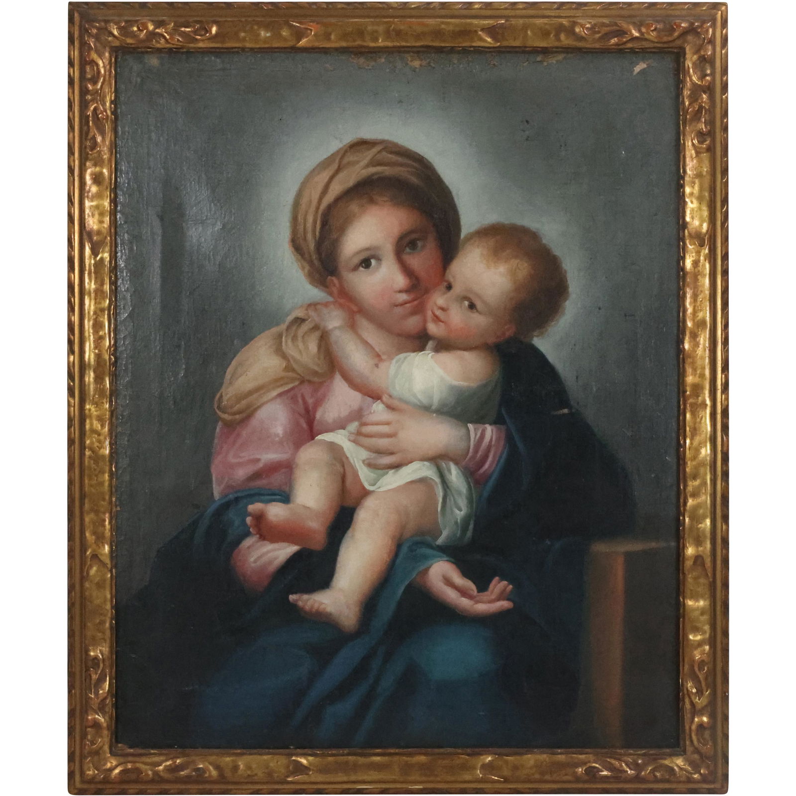 19th C. Oi; on Canvas Painting Madonna and Child, Fine Detail Quality, Gold Frame (1 of 14)