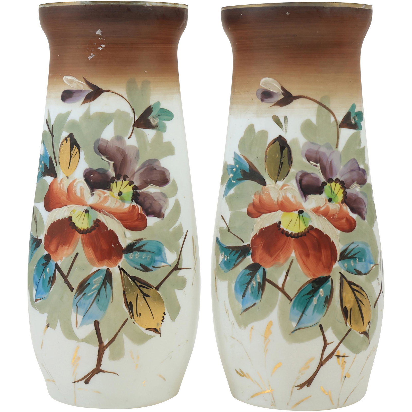 [2] 19th C. Bristol Glass Vases with Hand Painted Flowers 11.25 inches height (1 of 15)
