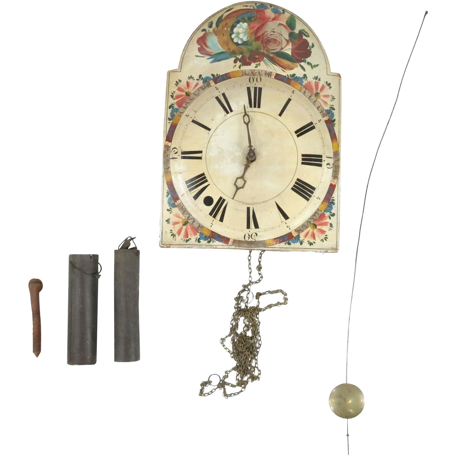 19th C. Hand Painted Wood Face Wall Clock Weight Driven with Pendulum & Weights (1 of 15)