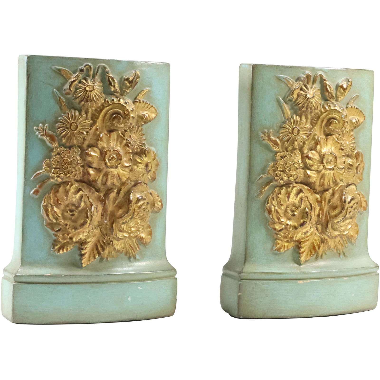 Vintage French Baroque Floral Bookends in hard plaster Composition, Accented in Gold (1 of 17)