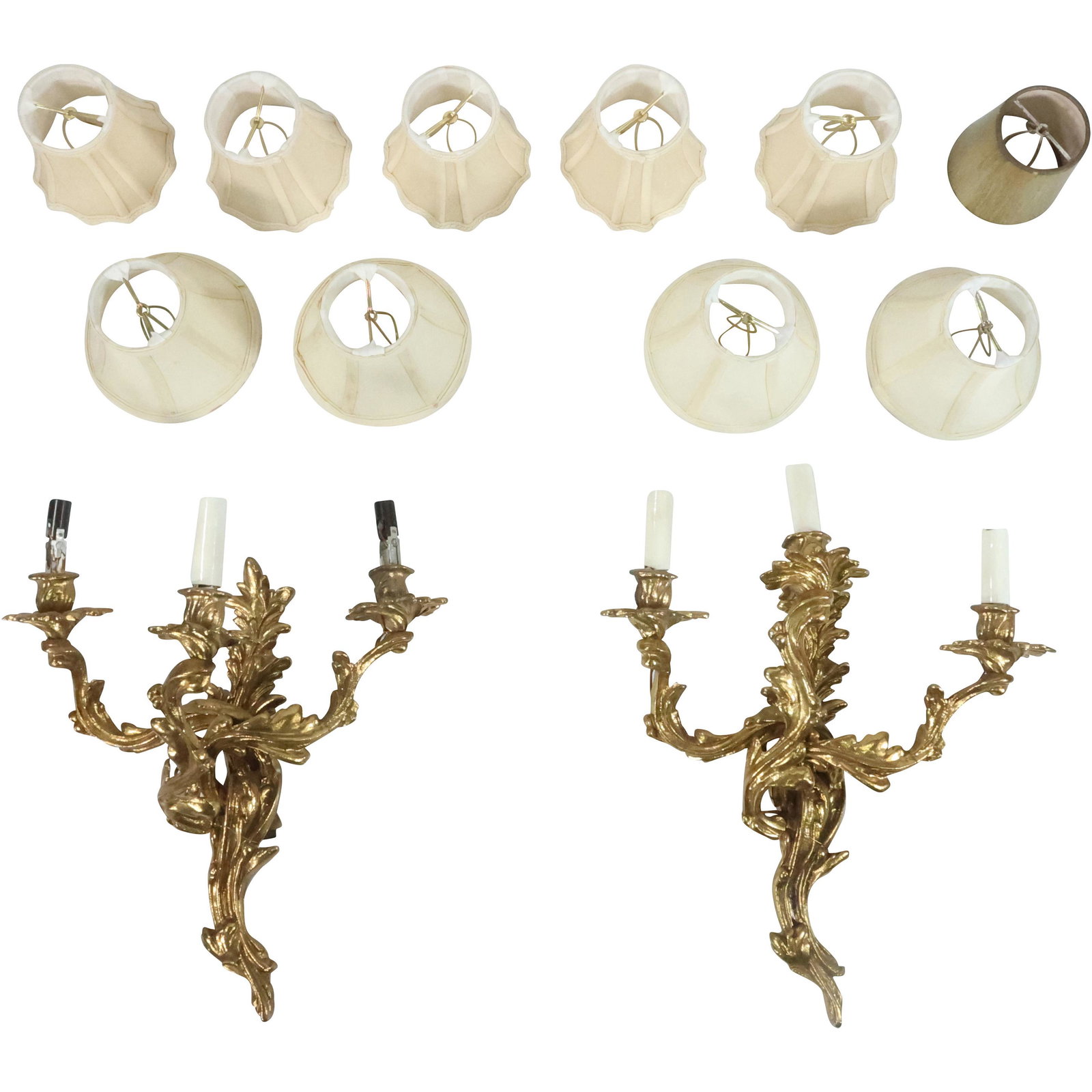 [2] French Bronze Triple Light Electric Wall Scones & 10 Small Silk Shades: [2] French Bronze Triple Light Electric Wall Scones & 10 Small Silk Shades. size: lights (18 x 14), shades (between 4 x 4 and 4.5 x 6)