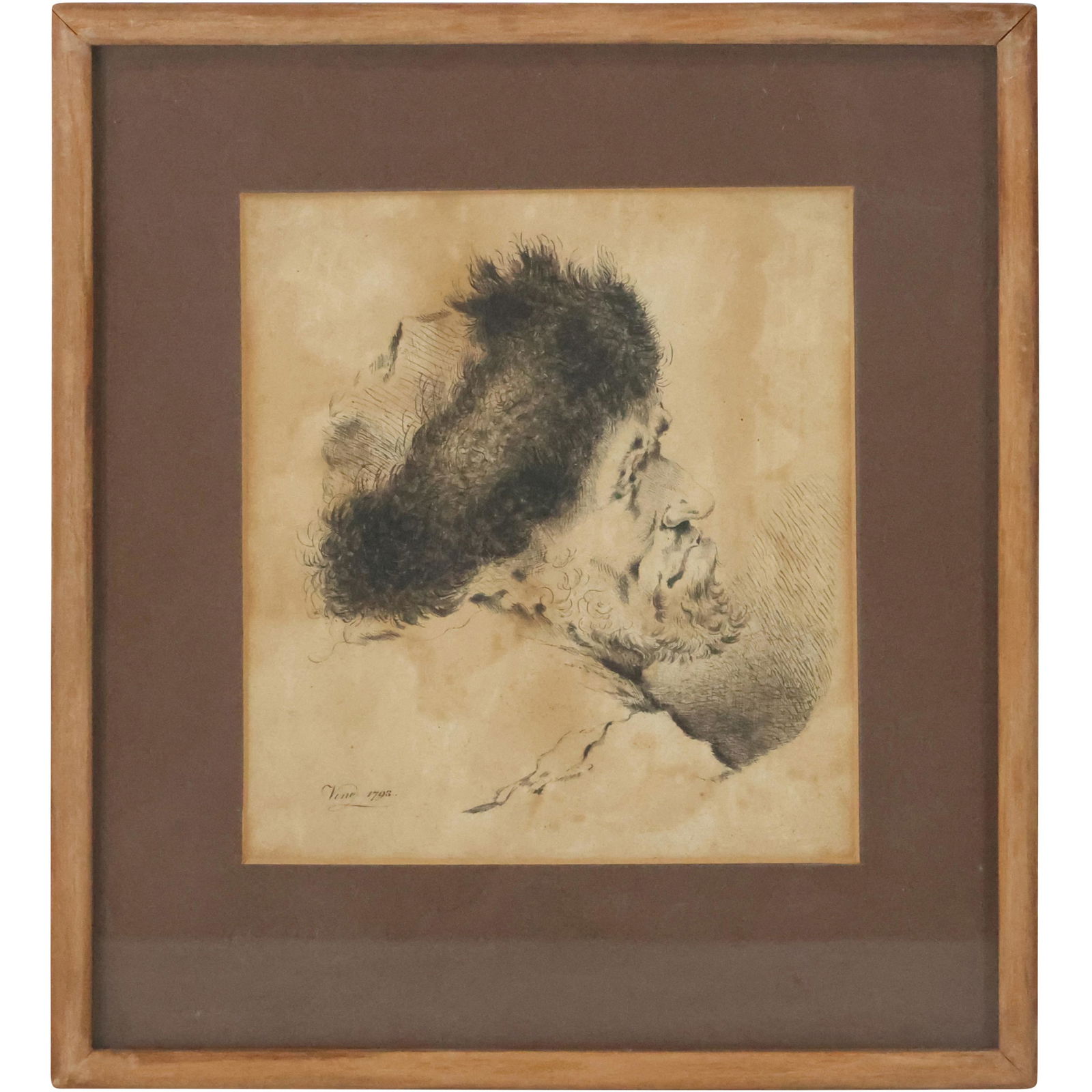 Signed and Dated Vine 1793 Ink Sketch Portrait of a Cossack Man, Framed (1 of 12)