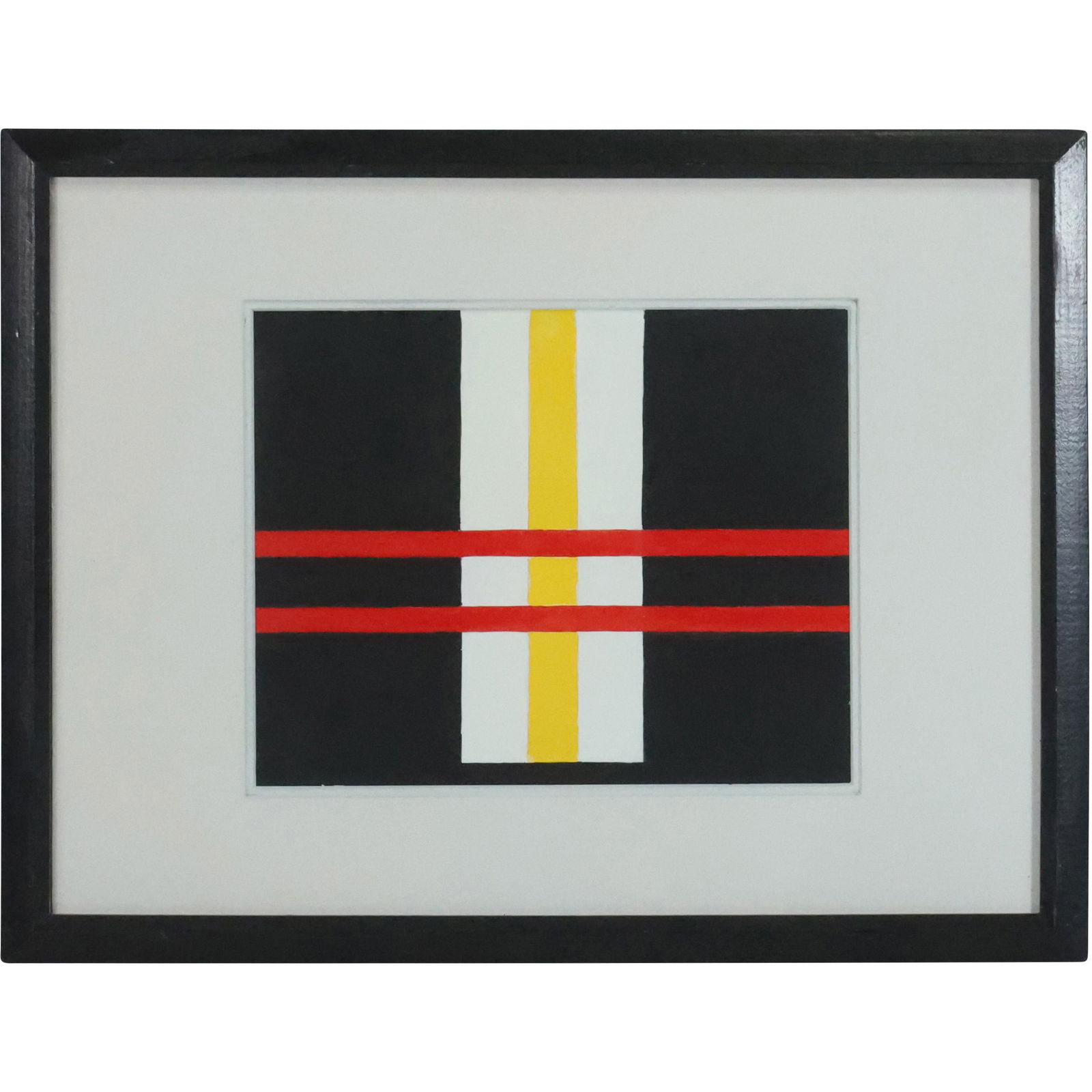 Mid-Century Modern Abstract Oil on Board Black Yellow Red Lines, Framed (1 of 9)