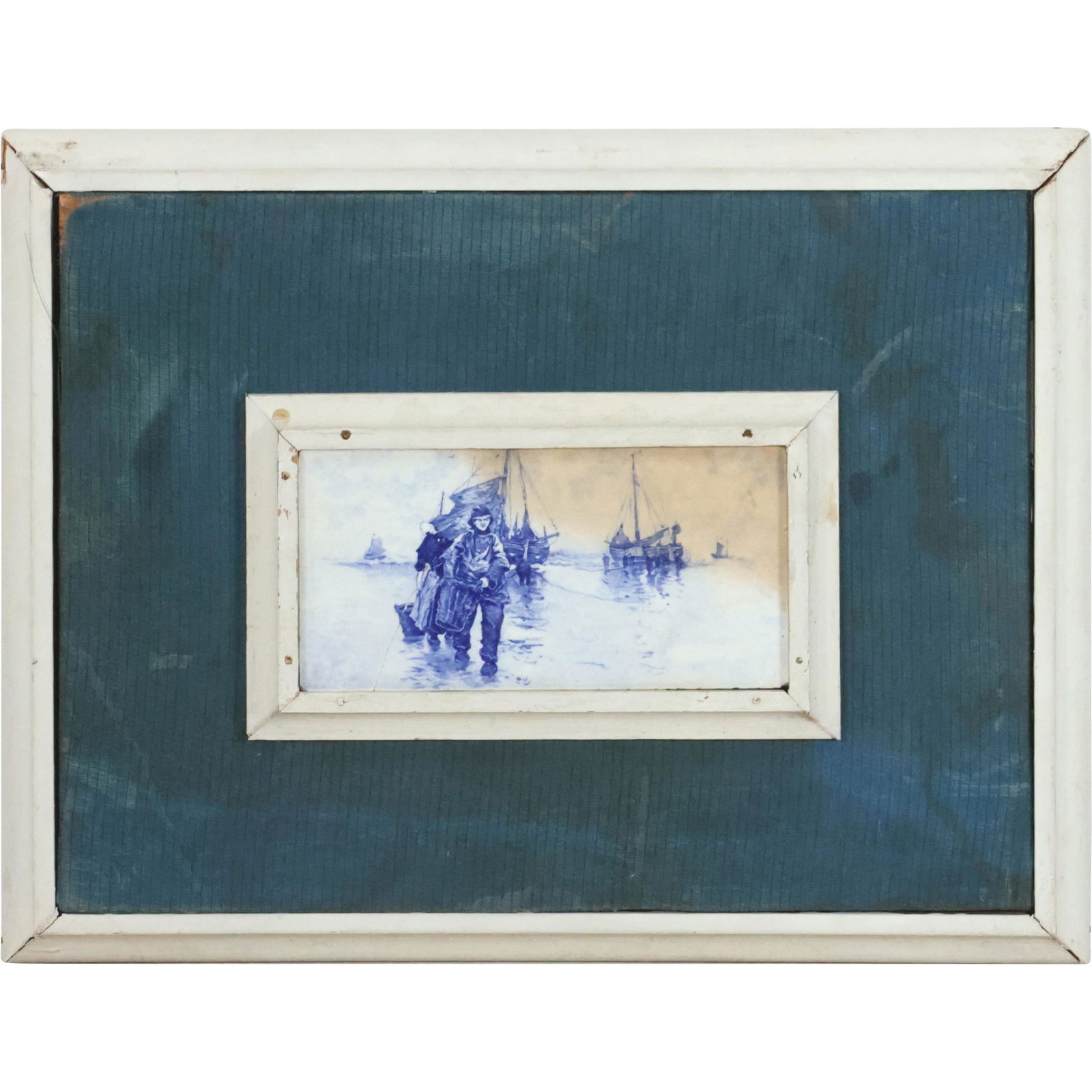 19th C. Framed Delft Tile, Blue & White, Fishermen Returning (1 of 6)