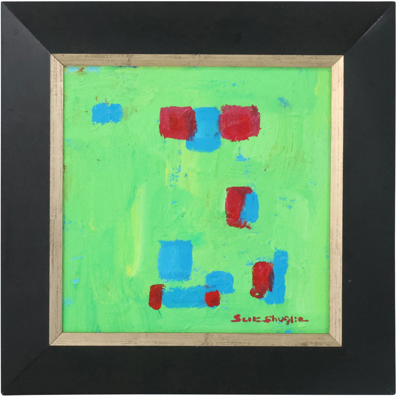 Suk Shuglie, 20th C. GREEN ABSTRACT Oil Painting on Canvas, Signed, Framed (1 of 14)