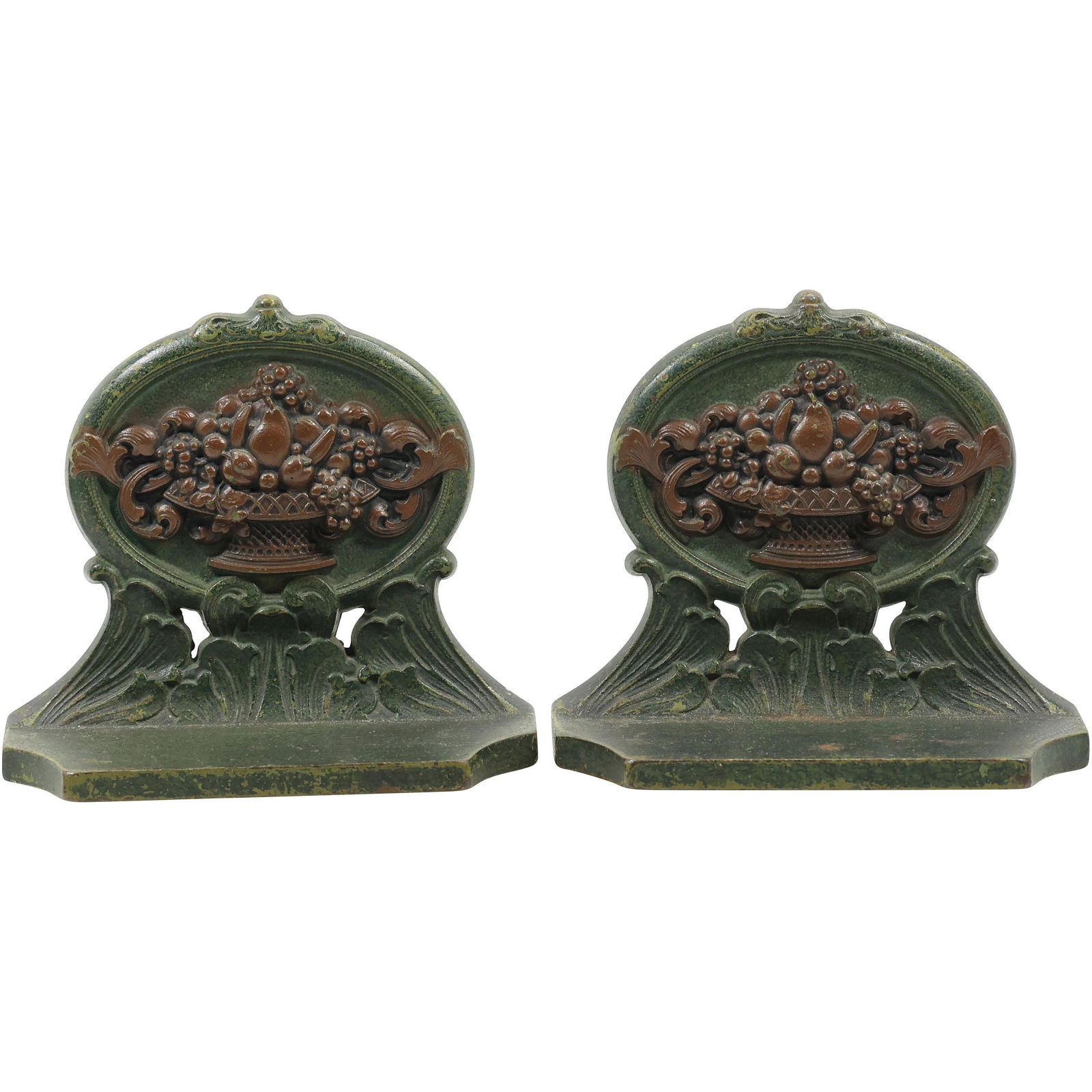 Circa 1920s Cast Iron Bookends with Embossed Baskets of Fruit - Original Patina (1 of 20)