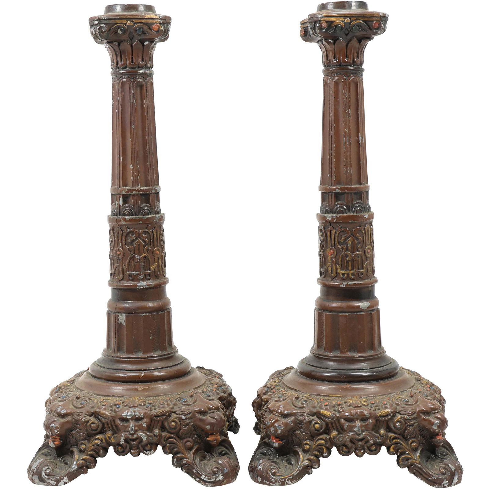 [2] Circa 1920s Cast Metal Tall Ornate Candlesticks with Lion Heads on Bases (1 of 20)