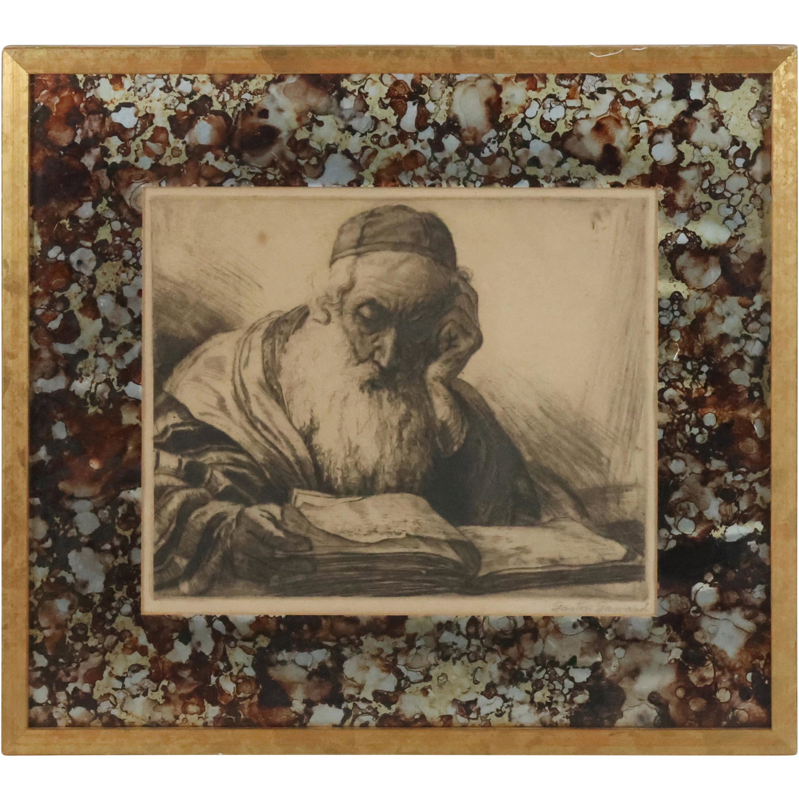 Gaston Gascard, Pencil Signed Etching Rabbi Reading, Framed (1 of 9)