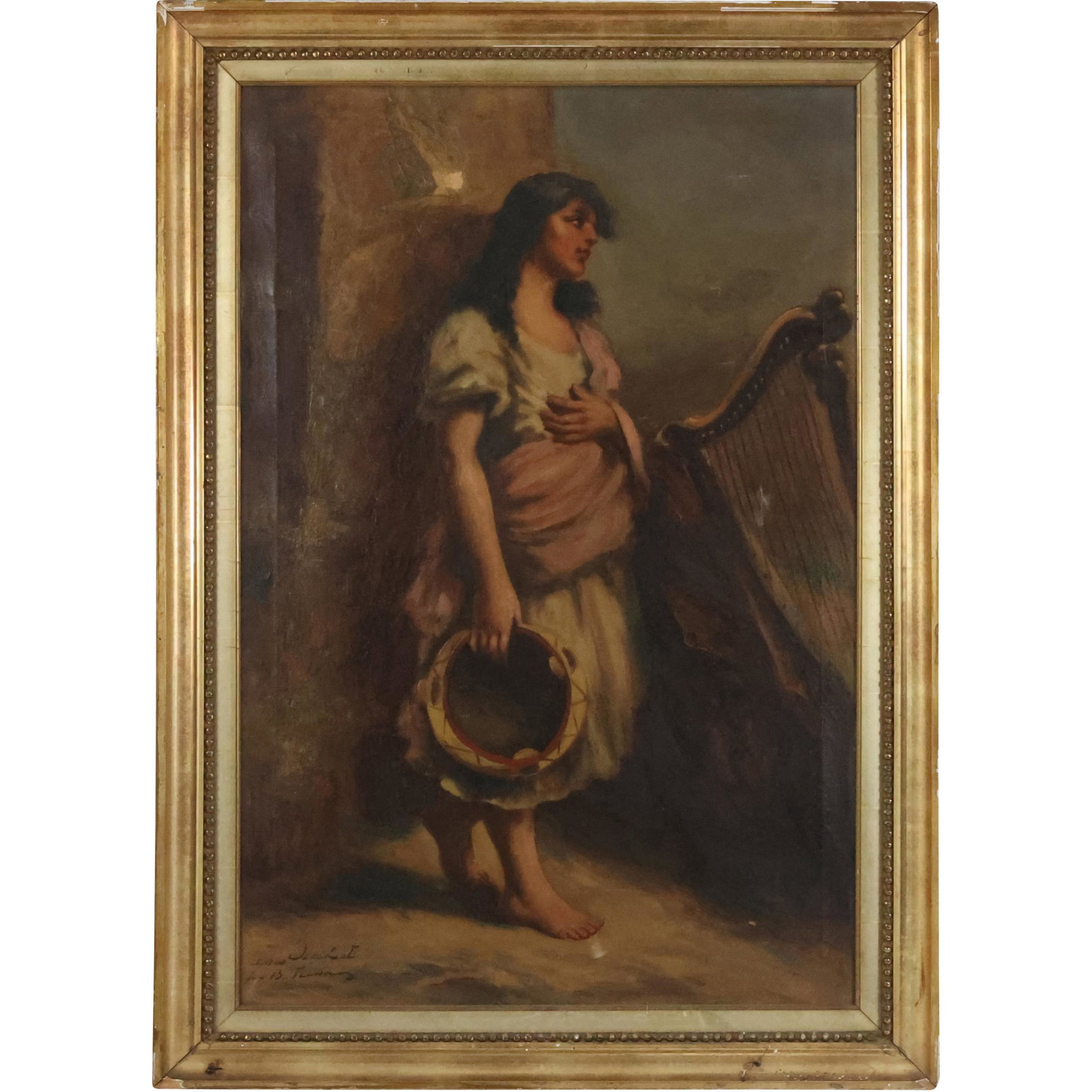 19th C. Signed Oil on Canvas Painting Woman Holding Tambourine Next to a Harp: 19th C. Signed Oil on Canvas Painting Woman Holding Tambourine Next to a Harp. Artist Signed. Framed. size: 30 x 20, 34.75 x 24.75 outside frame